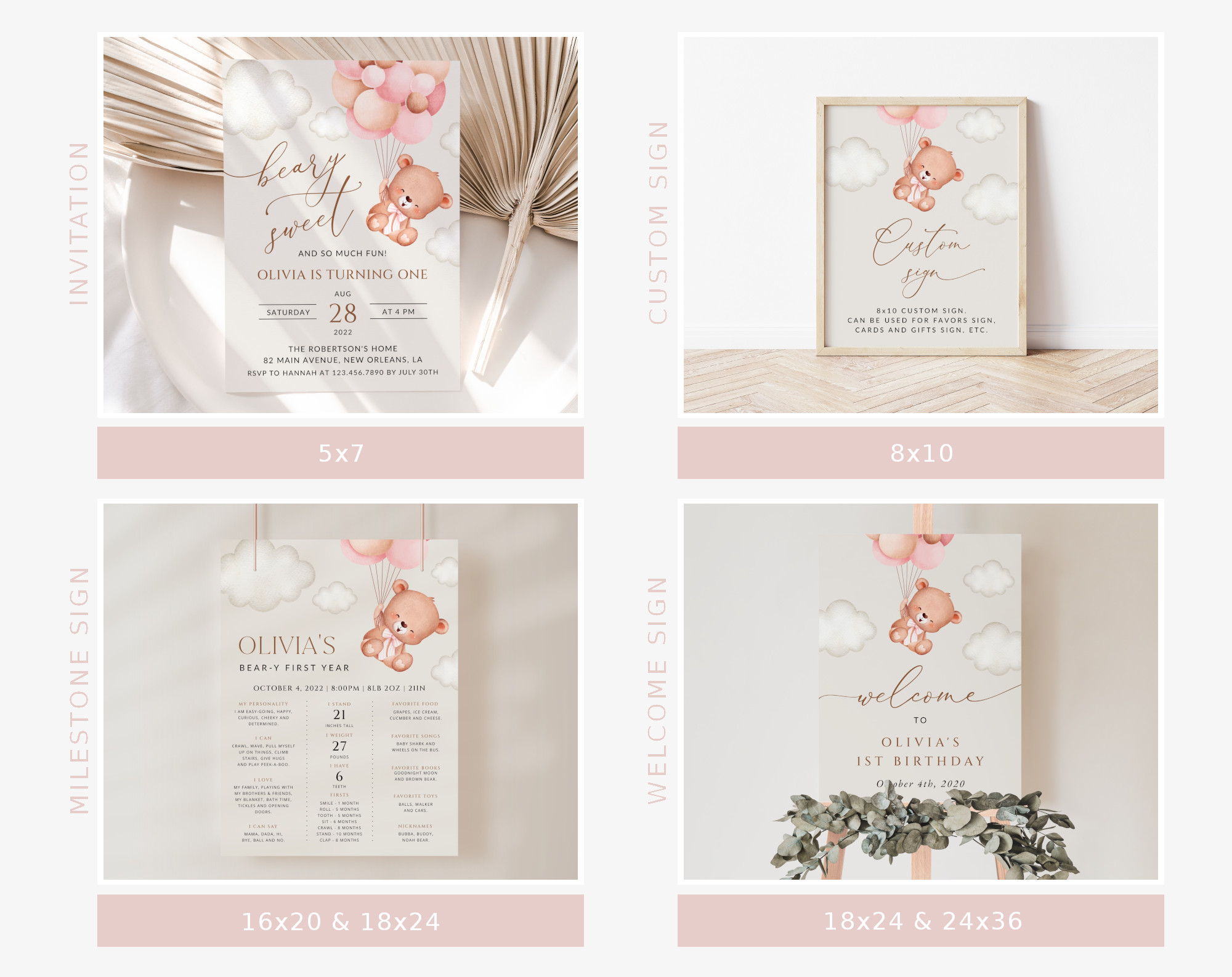 Baby Bear with Pink Balloons First Birthday Bundle, Girl Birthday, Printable File, Edit Yourself, SH74 Baby Bear with Pink Balloons First Birthday Bundle, Girl Birthday, Printable File, Edit Yourself, SH74