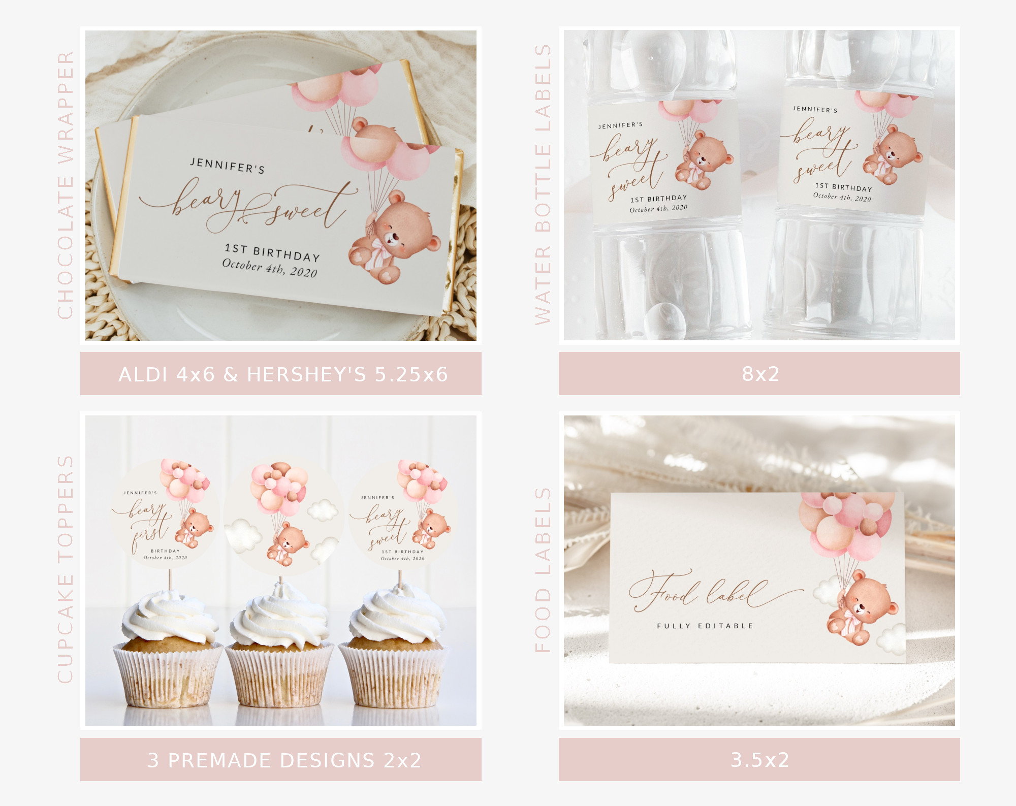 Baby Bear with Pink Balloons First Birthday Bundle, Girl Birthday, Printable File, Edit Yourself, SH74 Baby Bear with Pink Balloons First Birthday Bundle, Girl Birthday, Printable File, Edit Yourself, SH74