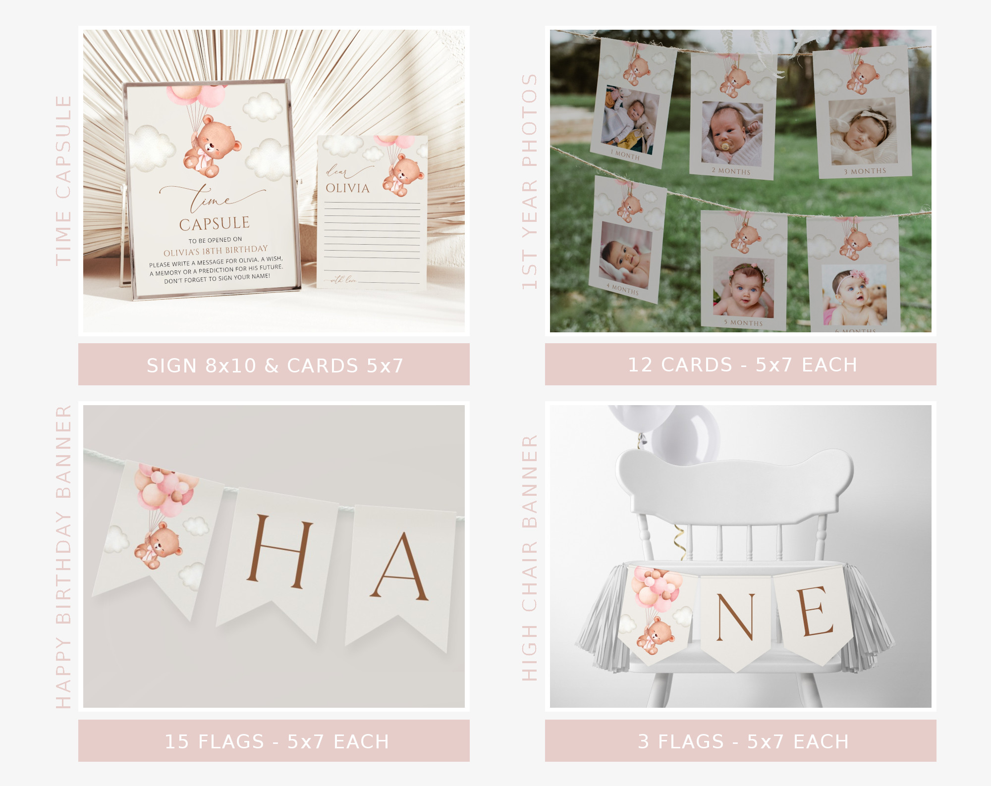 Baby Bear with Pink Balloons First Birthday Bundle, Girl Birthday, Printable File, Edit Yourself, SH74 Baby Bear with Pink Balloons First Birthday Bundle, Girl Birthday, Printable File, Edit Yourself, SH74