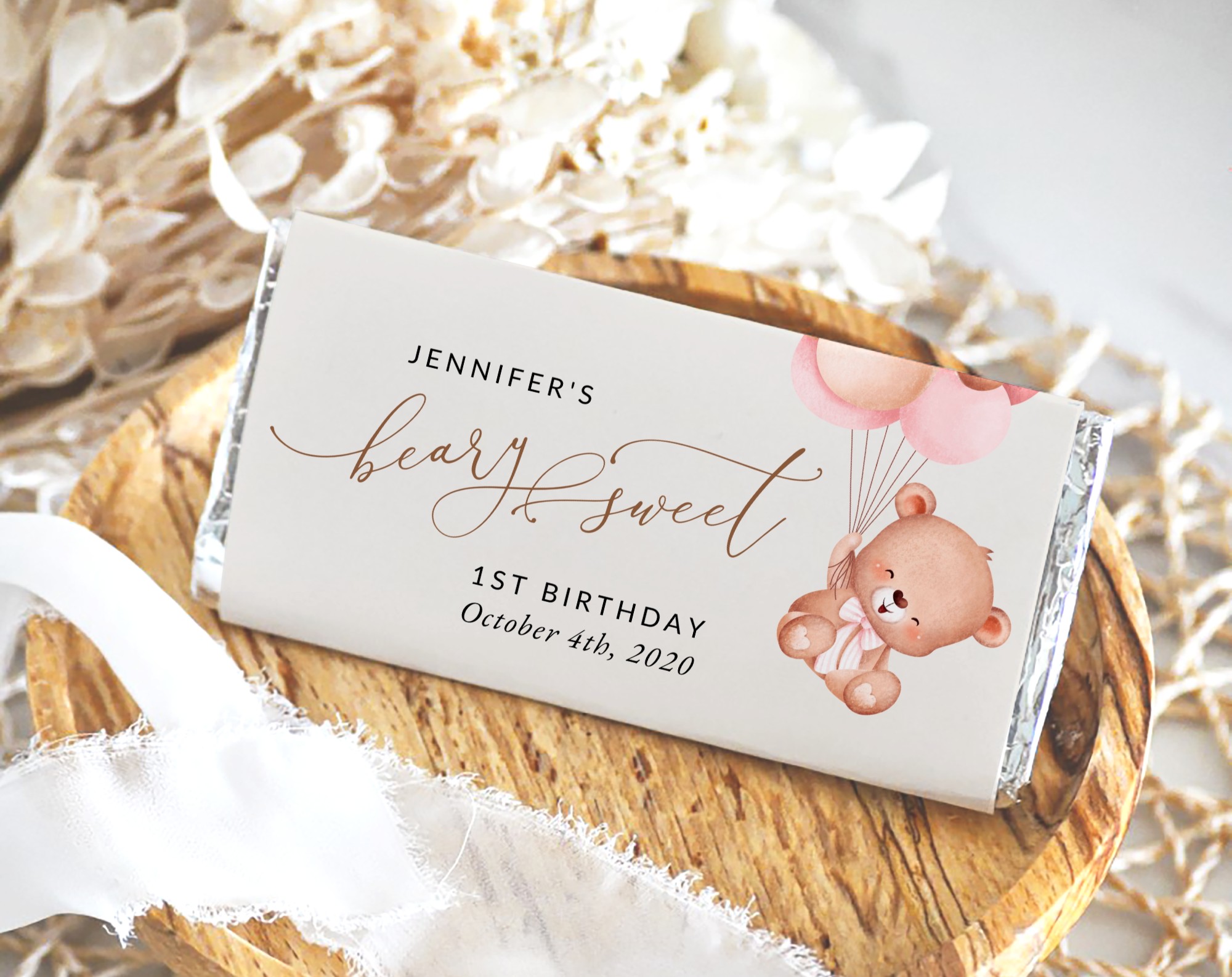 Baby Bear with Pink Balloons Chocolate Bar Wrapper, First Birthday, Girl Birthday, Printable File, Edit Yourself, SH74 Baby Bear with Pink Balloons Chocolate Bar Wrapper, First Birthday, Girl Birthday, Printable File, Edit Yourself, SH74