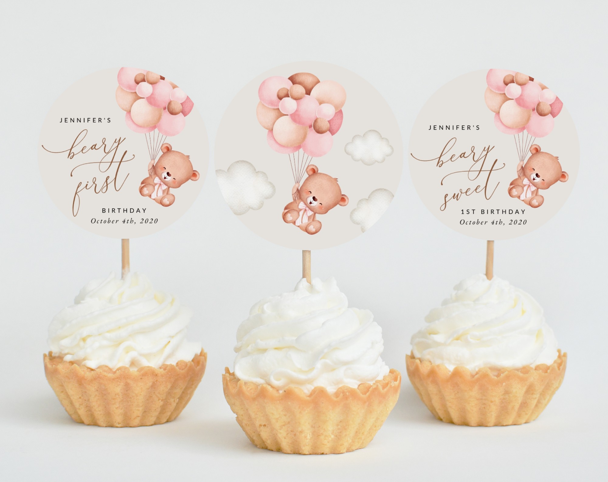 SH74 Cupcake Toppers 1 Baby Bear with Pink Balloons Cupcake Toppers, First Birthday, Girl Birthday, Printable File, Edit Yourself, SH74