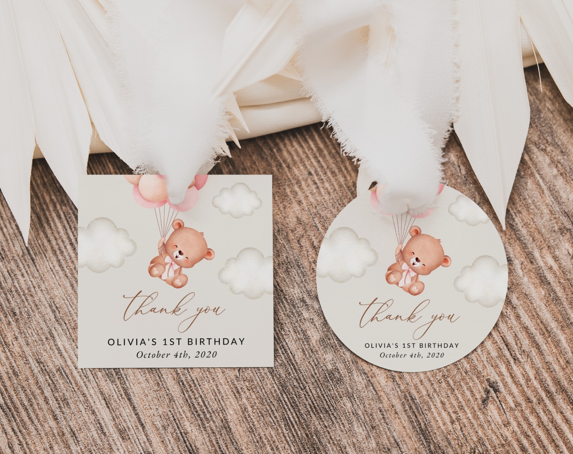 Baby Bear with Pink Balloons Favor Tags, Gift Tags, First Birthday, Girl Birthday, Printable File, Edit Yourself, SH74