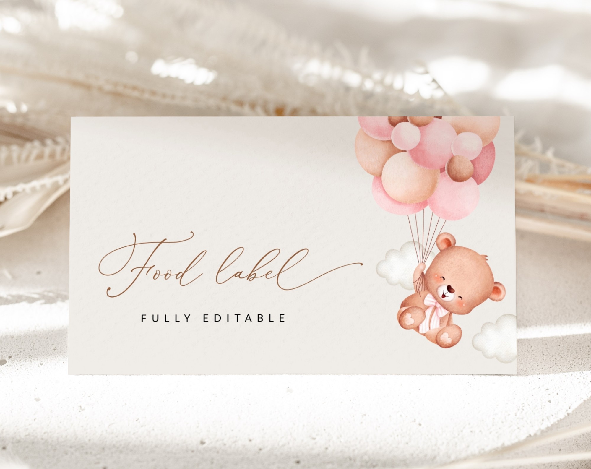 Baby Bear with Pink Balloons Food Label, First Birthday, Girl Birthday, Printable File, Edit Yourself, SH74