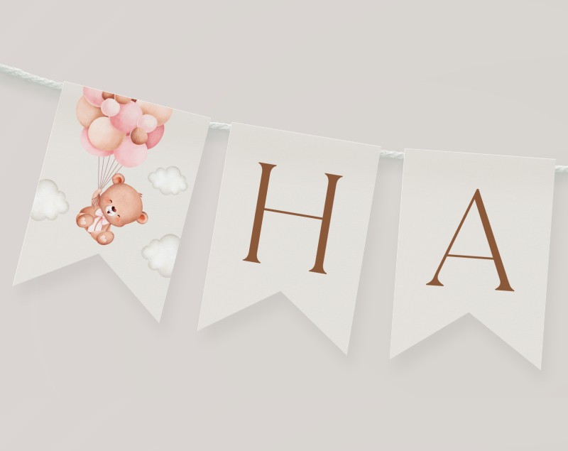 Baby Bear with Pink Balloons Happy Birthday Banner, First Birthday, Girl Birthday, Printable File, Edit Yourself, SH74
