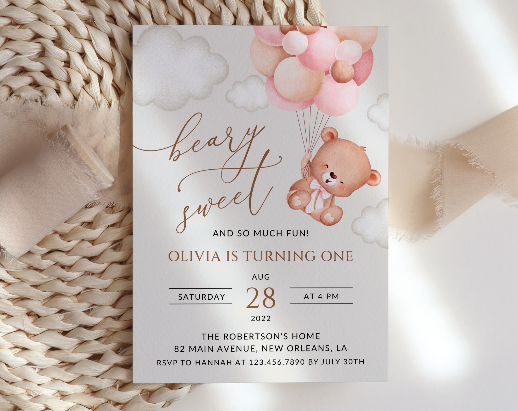 Baby Bear with Pink Balloons First Birthday Invitation, Birthday Stationery, Girl Birthday, Printable File, Edit Yourself, SH74 Baby Bear with Pink Balloons First Birthday Invitation, Birthday Stationery, Girl Birthday, Printable File, Edit Yourself, SH74