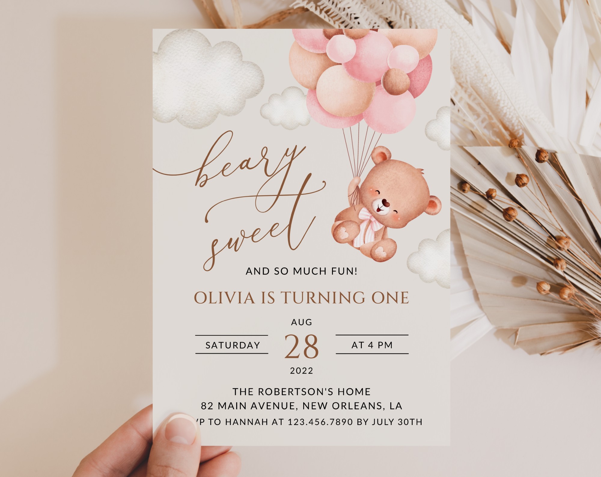Baby Bear with Pink Balloons First Birthday Invitation, Birthday Stationery, Girl Birthday, Printable File, Edit Yourself, SH74 Baby Bear with Pink Balloons First Birthday Invitation, Birthday Stationery, Girl Birthday, Printable File, Edit Yourself, SH74