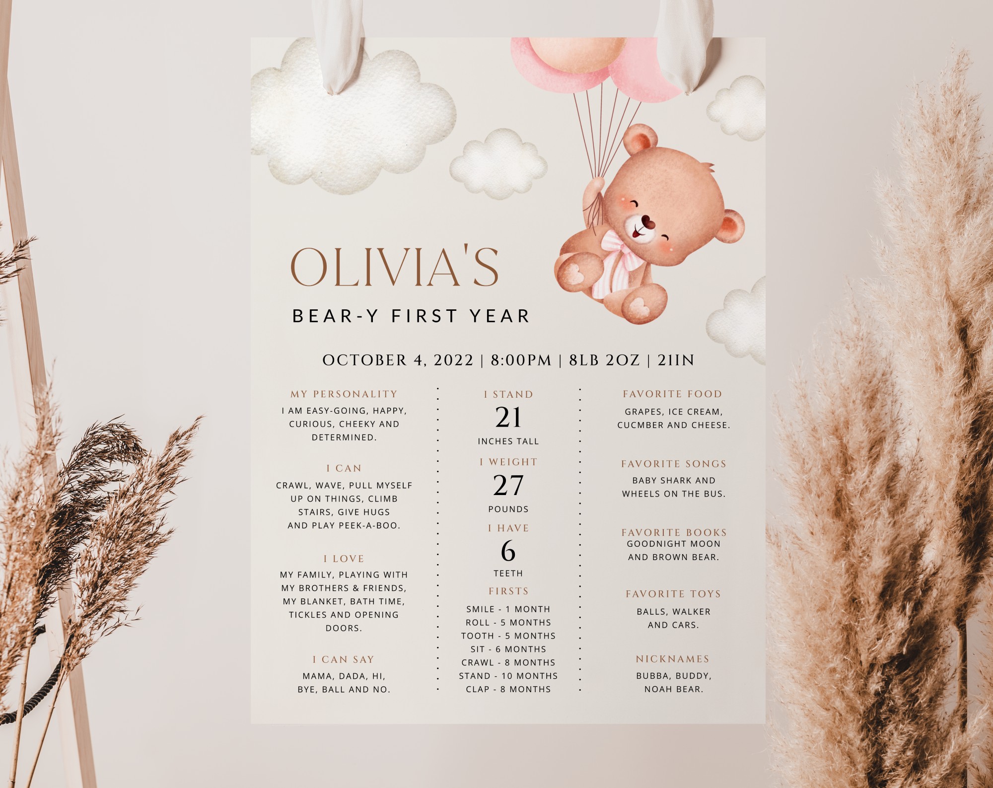 Baby Bear with Pink Balloons Milestone Sign, Birthday Sign, First Birthday, Girl Birthday, Printable File, Edit Yourself, SH74