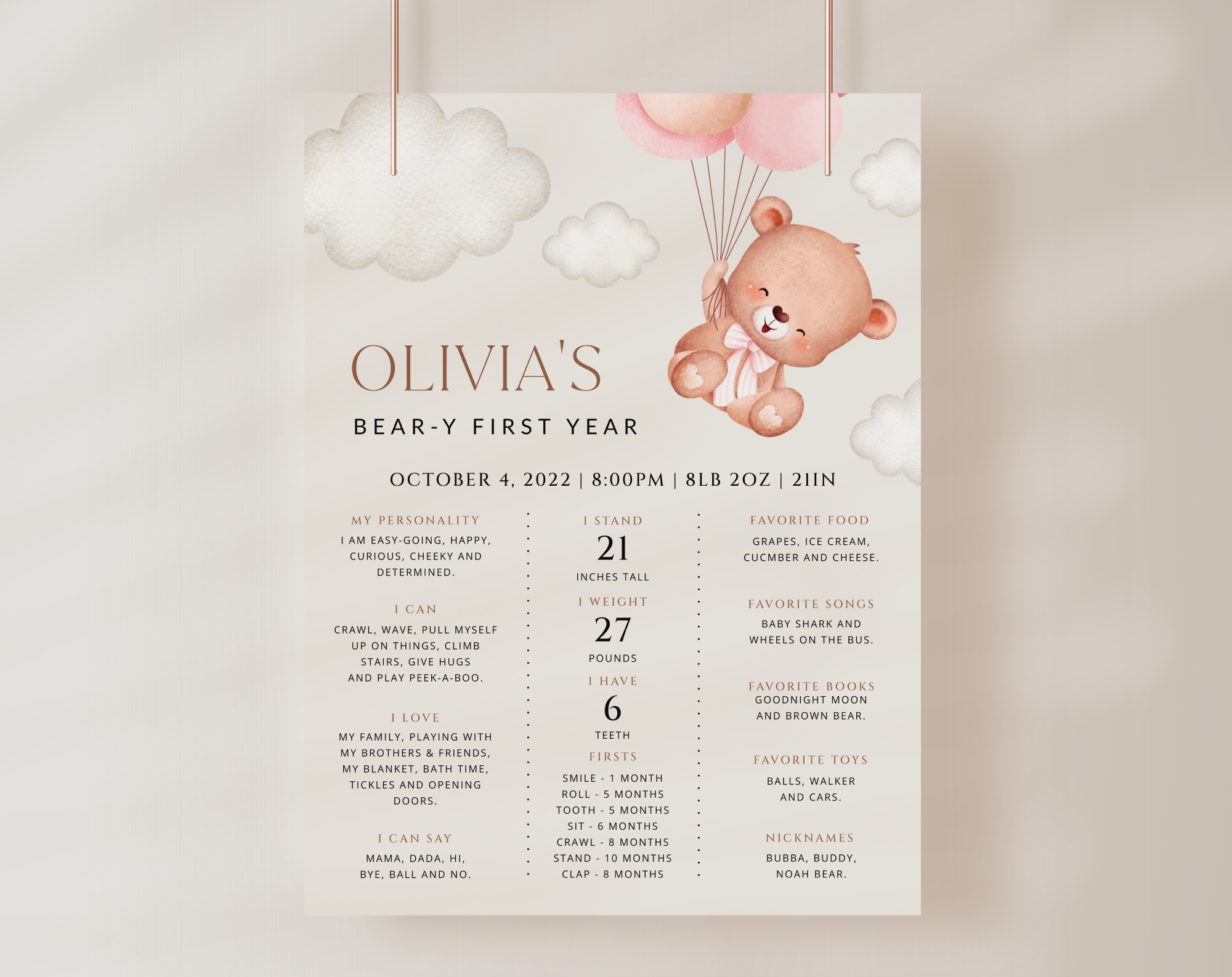 Baby Bear with Pink Balloons Milestone Sign, Birthday Sign, First Birthday, Girl Birthday, Printable File, Edit Yourself, SH74