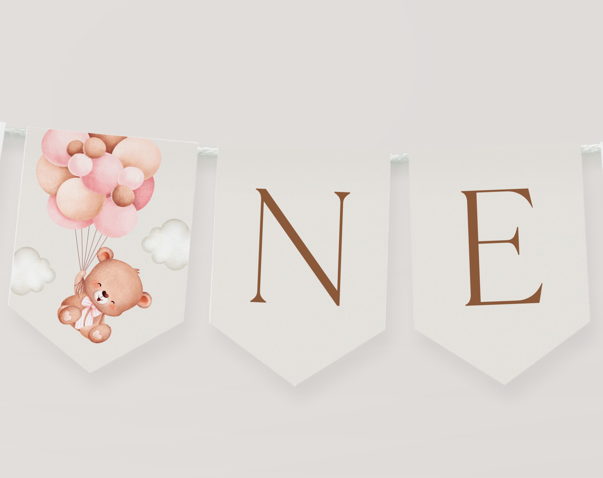 Baby Bear with Pink Balloons One High Chair Banner, First Birthday, Girl Birthday, Printable File, Edit Yourself, SH74