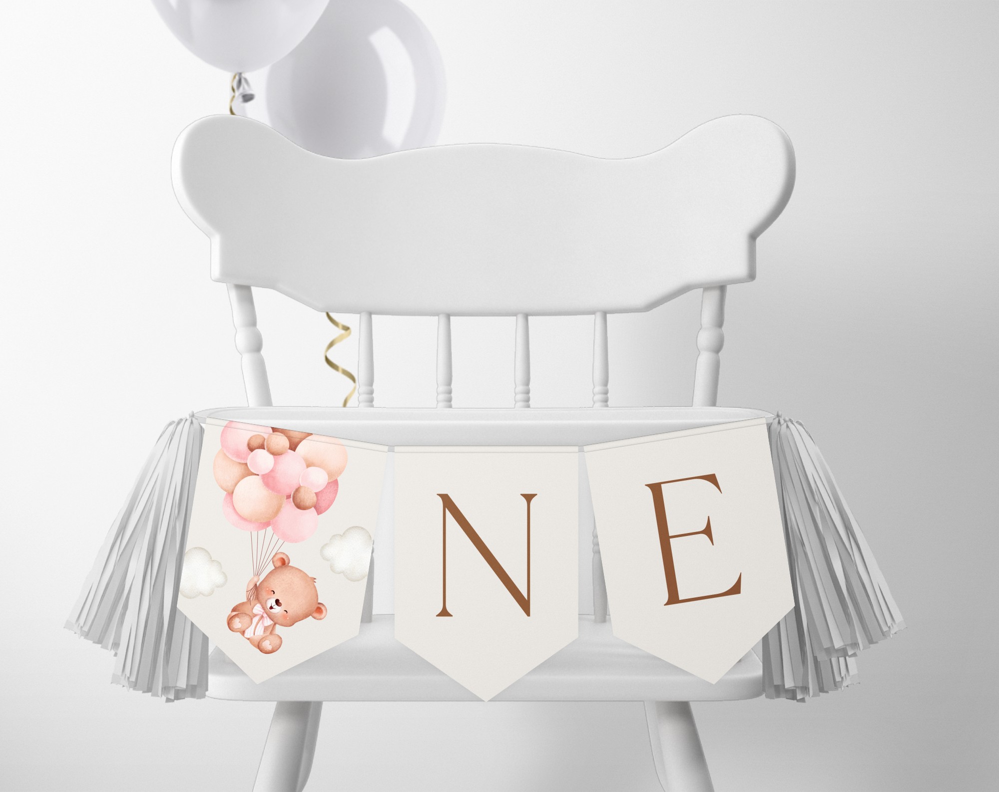 Baby Bear with Pink Balloons One High Chair Banner, First Birthday, Girl Birthday, Printable File, Edit Yourself, SH74