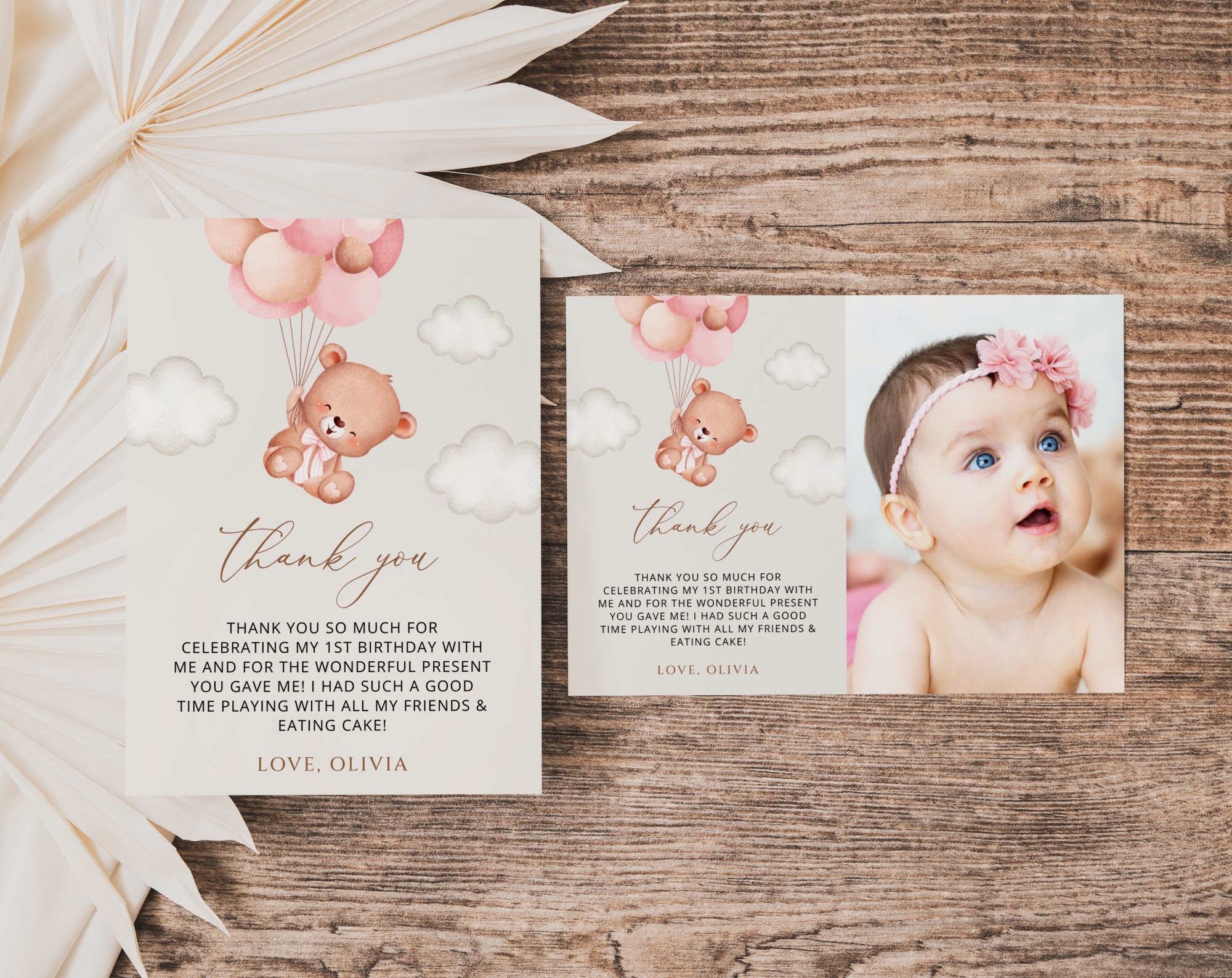 Baby Bear with Pink Balloons Thank You Card, First Birthday, Girl Birthday, Printable File, Edit Yourself, SH74