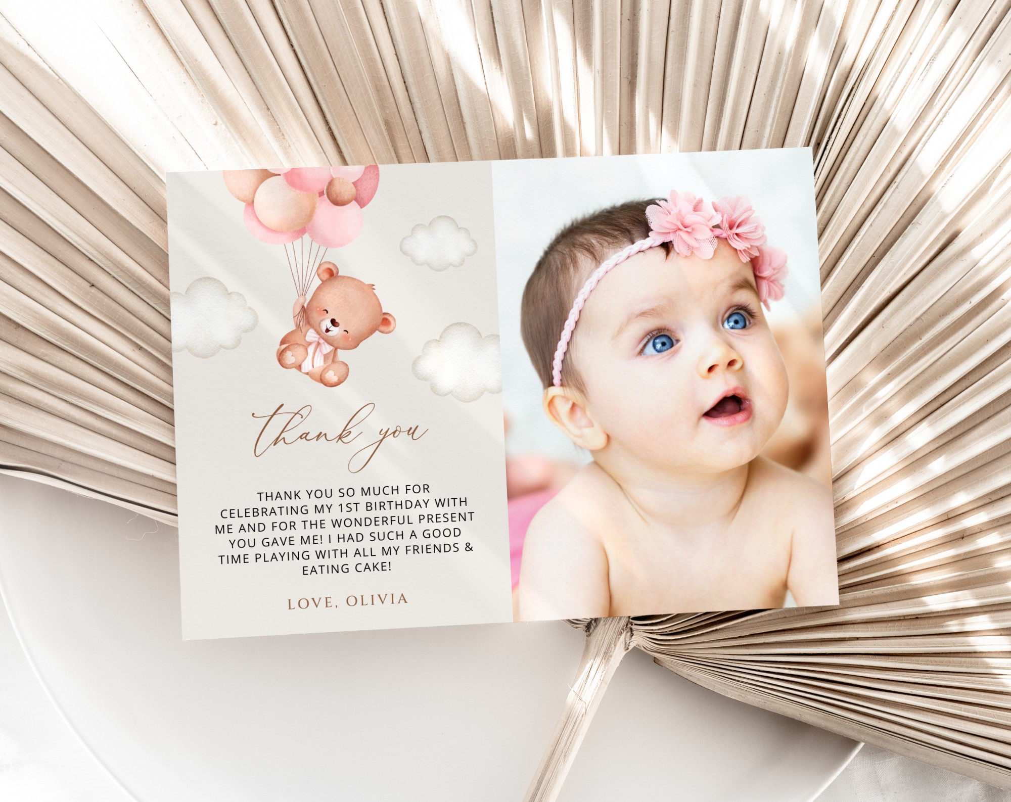 Baby Bear with Pink Balloons Thank You Card, First Birthday, Girl Birthday, Printable File, Edit Yourself, SH74