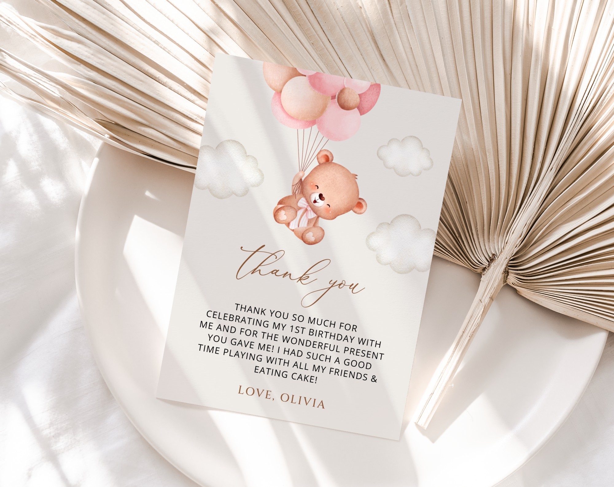 Baby Bear with Pink Balloons Thank You Card, First Birthday, Girl Birthday, Printable File, Edit Yourself, SH74