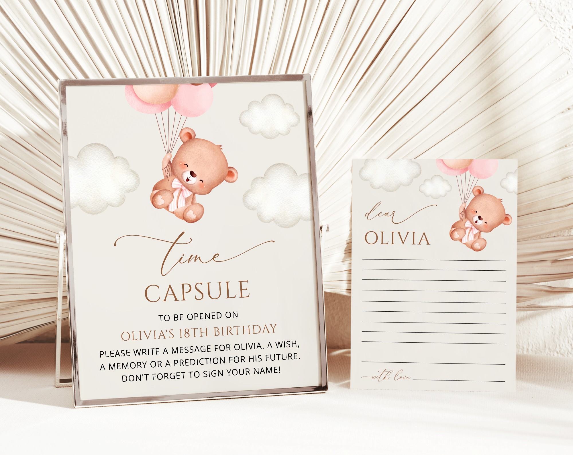 Baby Bear with Pink Balloons Time Capsule, First Birthday, Girl Birthday, Printable File, Edit Yourself, SH74