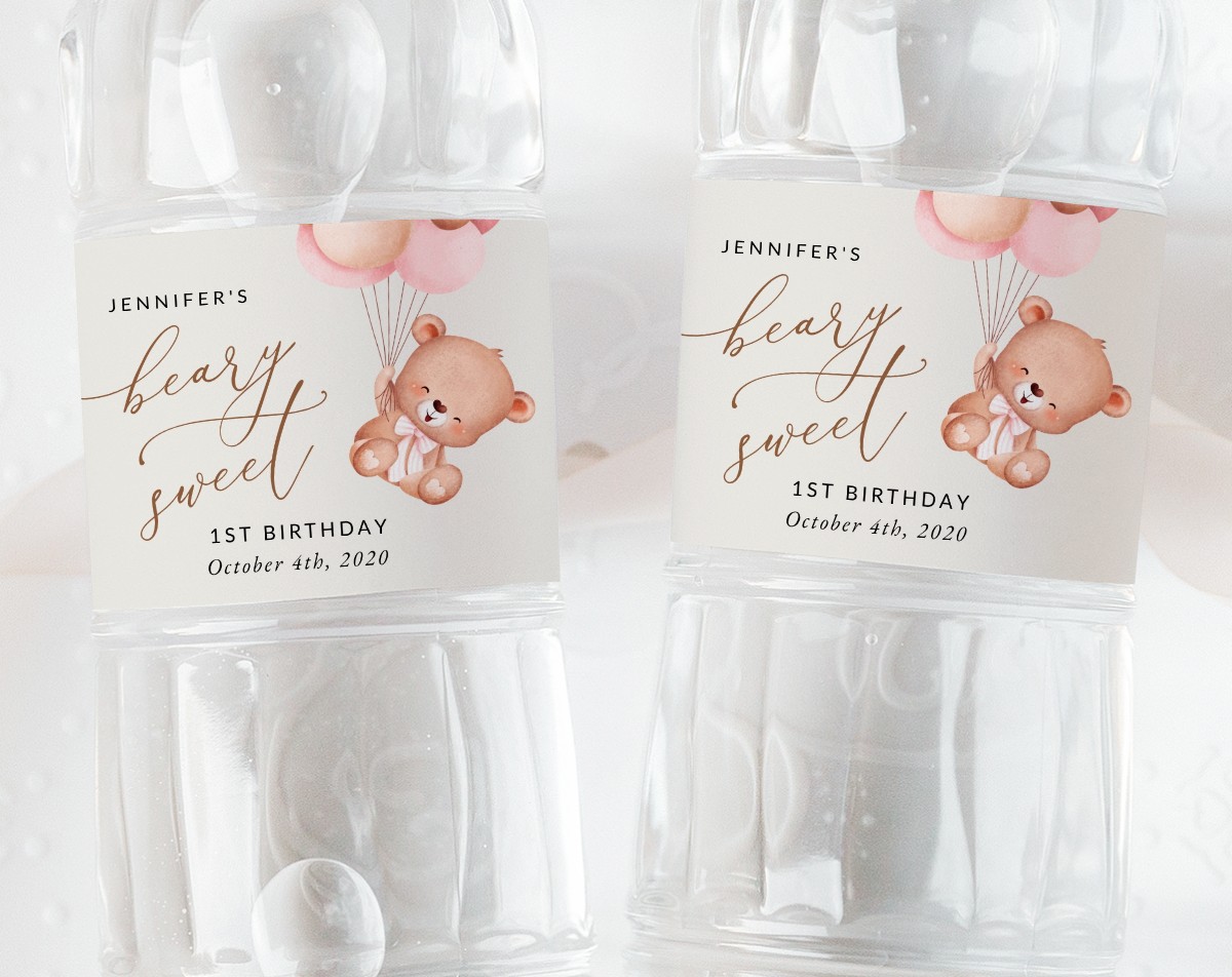 Baby Bear with Pink Balloons Water Bottle Labels, First Birthday, Girl Birthday, Printable File, Edit Yourself, SH74