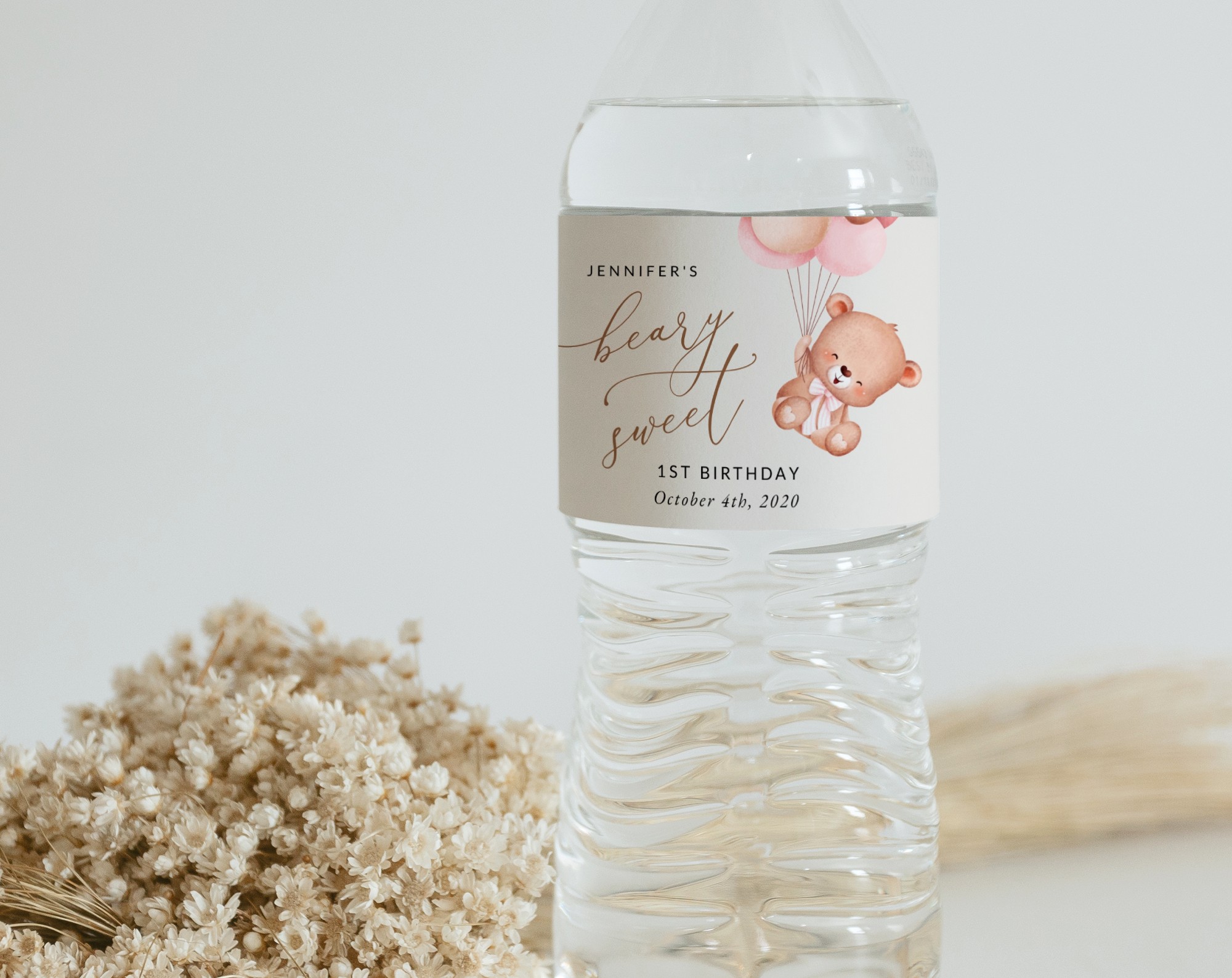 Baby Bear with Pink Balloons Water Bottle Labels, First Birthday, Girl Birthday, Printable File, Edit Yourself, SH74 Baby Bear with Pink Balloons Water Bottle Labels, First Birthday, Girl Birthday, Printable File, Edit Yourself, SH74