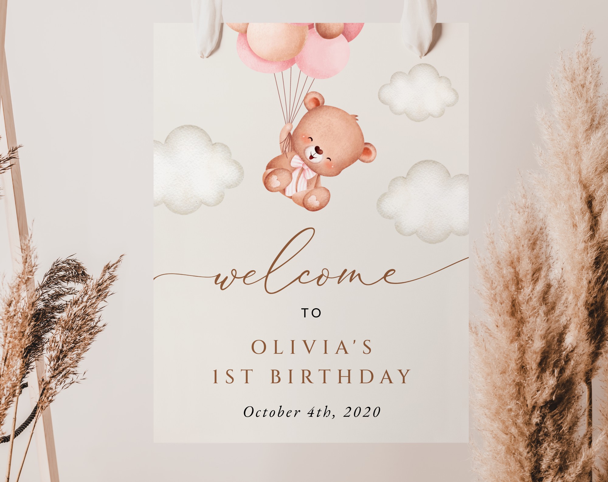 Baby Bear with Pink Balloons Welcome Sign, Birthday Sign, First Birthday, Girl Birthday, Printable File, Edit Yourself, SH74 Baby Bear with Pink Balloons Welcome Sign, Birthday Sign, First Birthday, Girl Birthday, Printable File, Edit Yourself, SH74