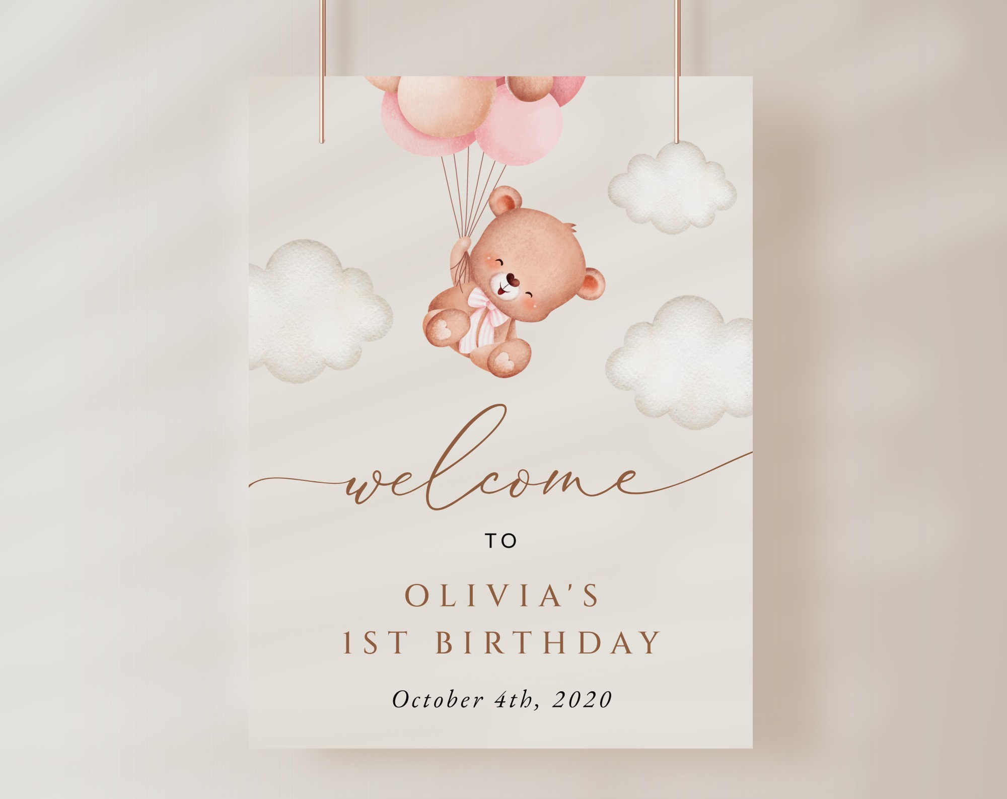 Baby Bear with Pink Balloons Welcome Sign, Birthday Sign, First Birthday, Girl Birthday, Printable File, Edit Yourself, SH74 Baby Bear with Pink Balloons Welcome Sign, Birthday Sign, First Birthday, Girl Birthday, Printable File, Edit Yourself, SH74