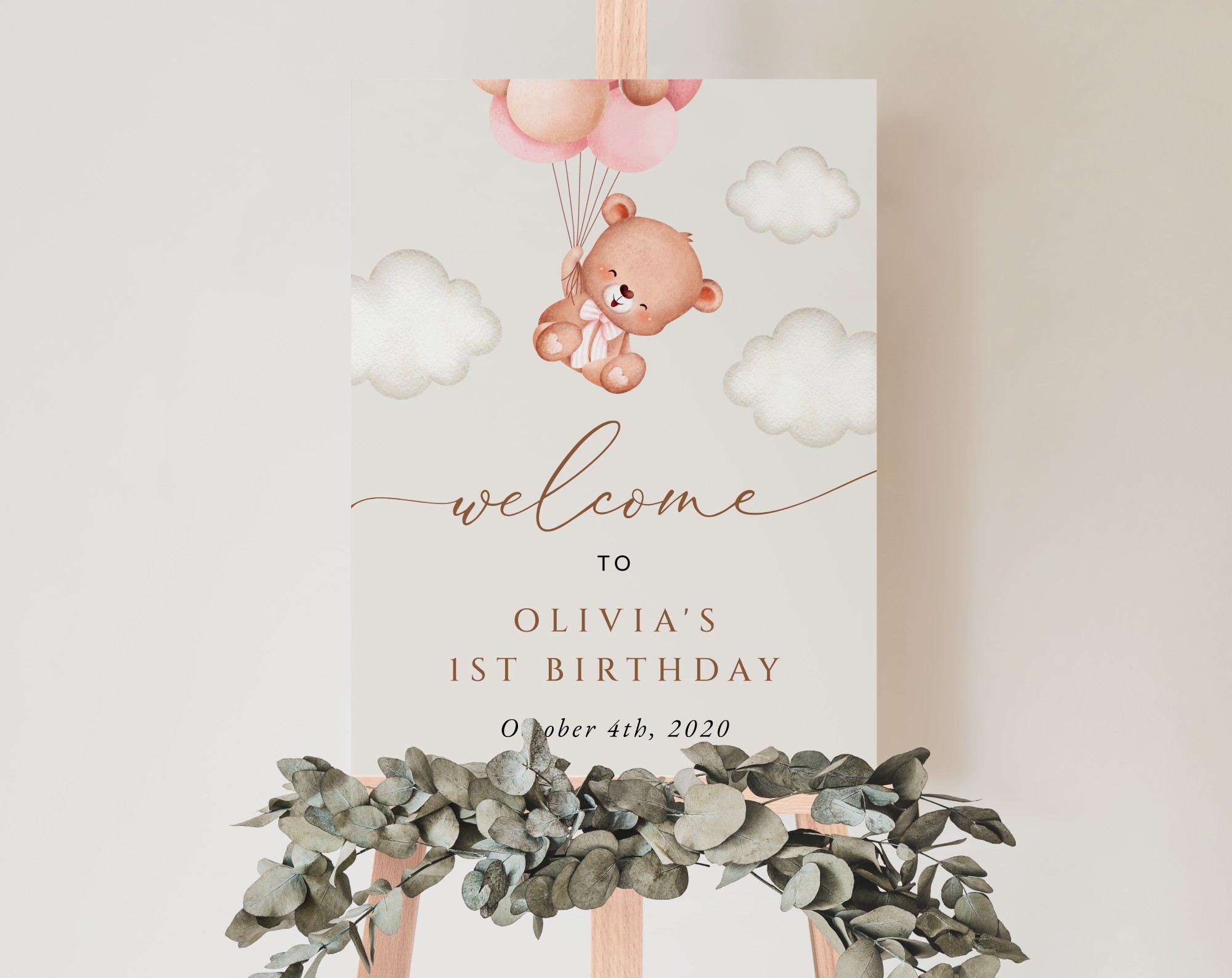 Baby Bear with Pink Balloons Welcome Sign, Birthday Sign, First Birthday, Girl Birthday, Printable File, Edit Yourself, SH74