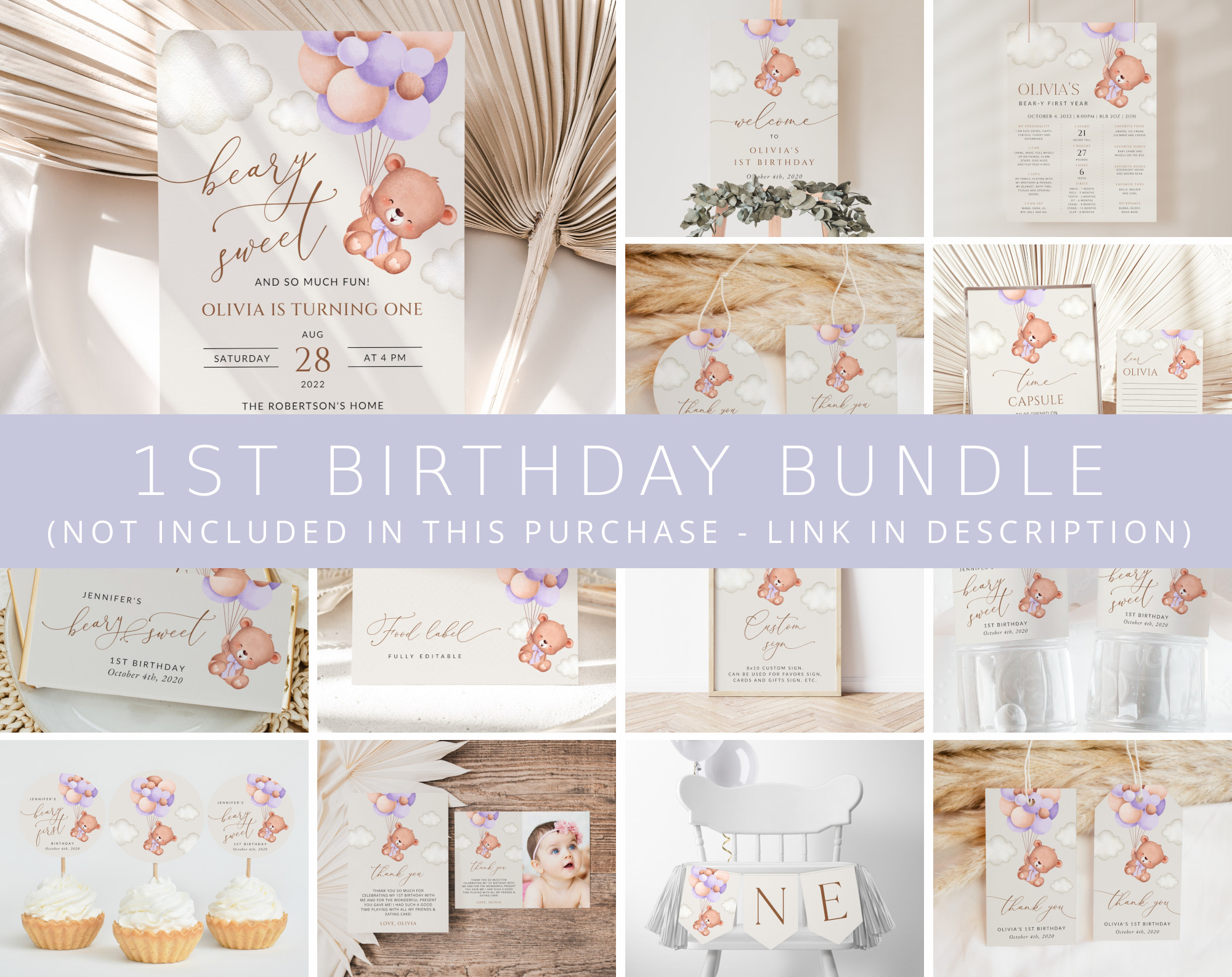 Baby Bear with Purple Balloons First Birthday Bundle, Girl Birthday, Printable File, Edit Yourself, SH75