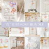 Baby Bear with Purple Balloons First Birthday Bundle, Girl Birthday, Printable File, Edit Yourself, SH75