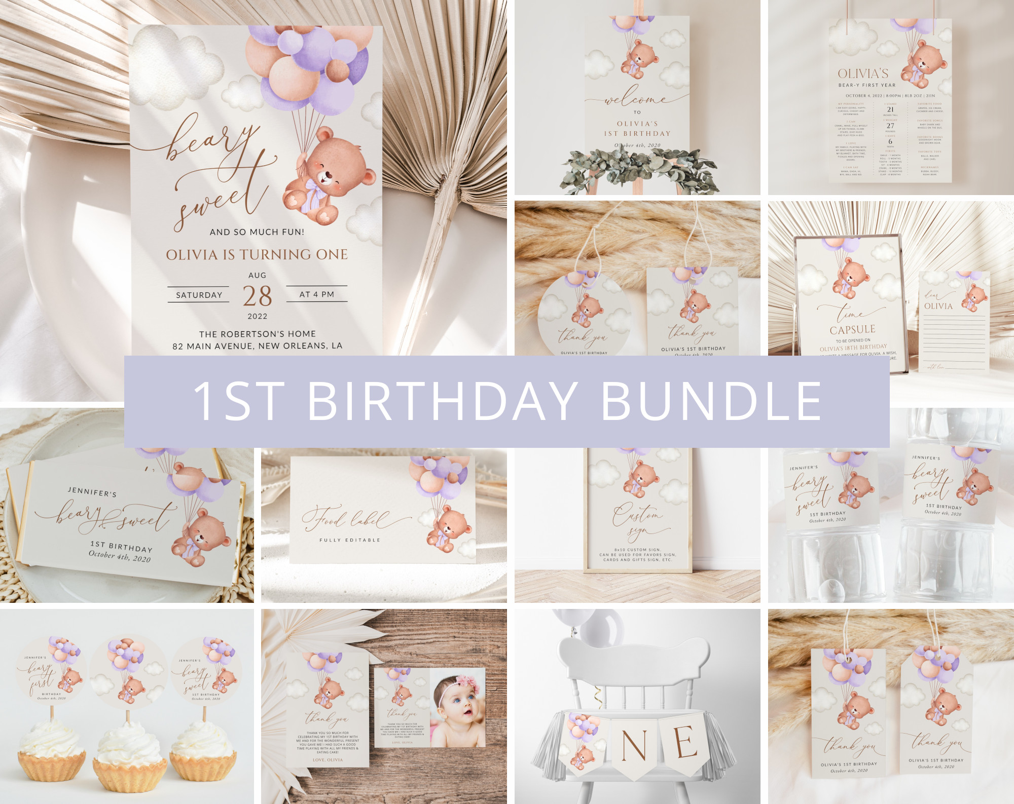 Baby Bear with Purple Balloons First Birthday Bundle, Girl Birthday, Printable File, Edit Yourself, SH75