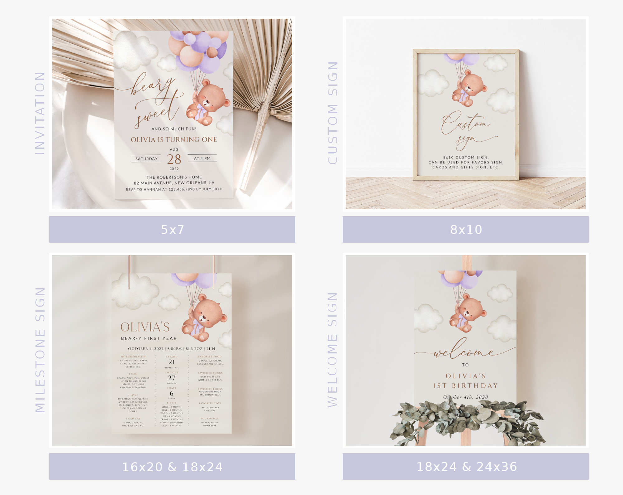 Baby Bear with Purple Balloons First Birthday Bundle, Girl Birthday, Printable File, Edit Yourself, SH75