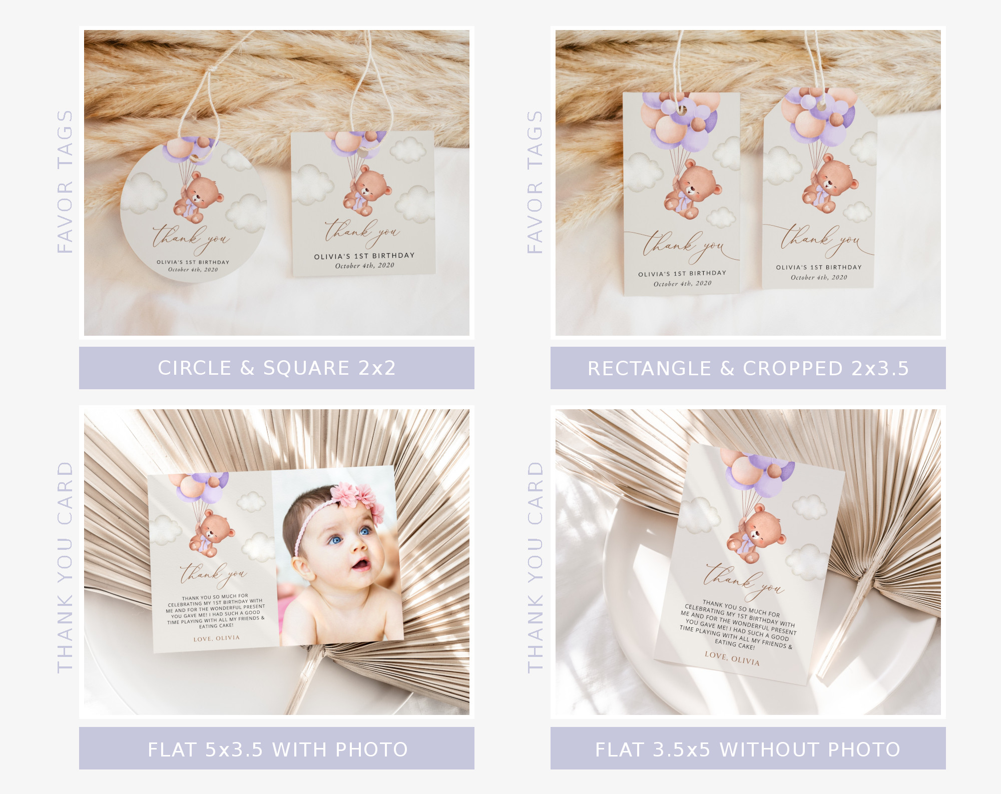 Baby Bear with Purple Balloons First Birthday Bundle, Girl Birthday, Printable File, Edit Yourself, SH75