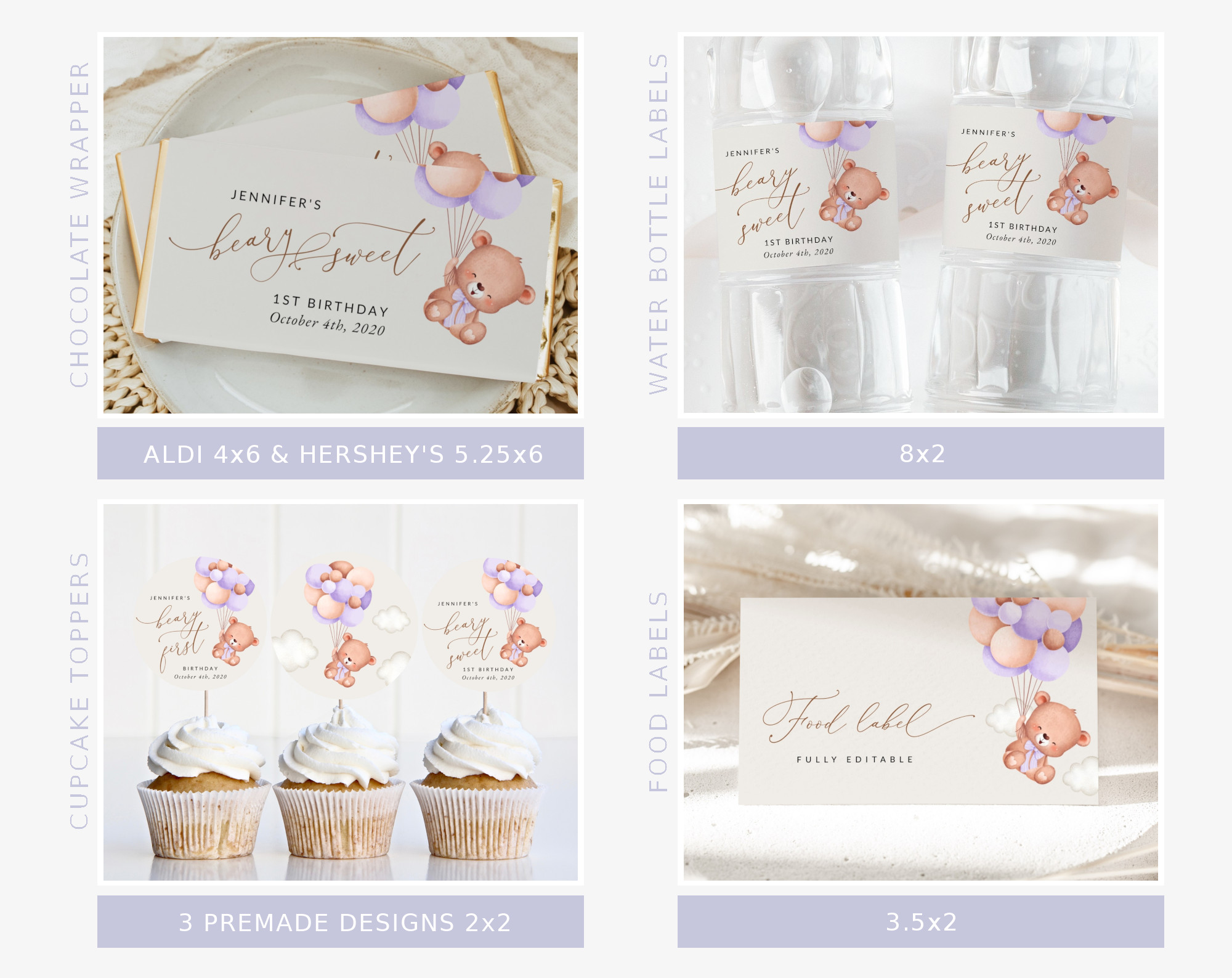 Baby Bear with Purple Balloons First Birthday Bundle, Girl Birthday, Printable File, Edit Yourself, SH75