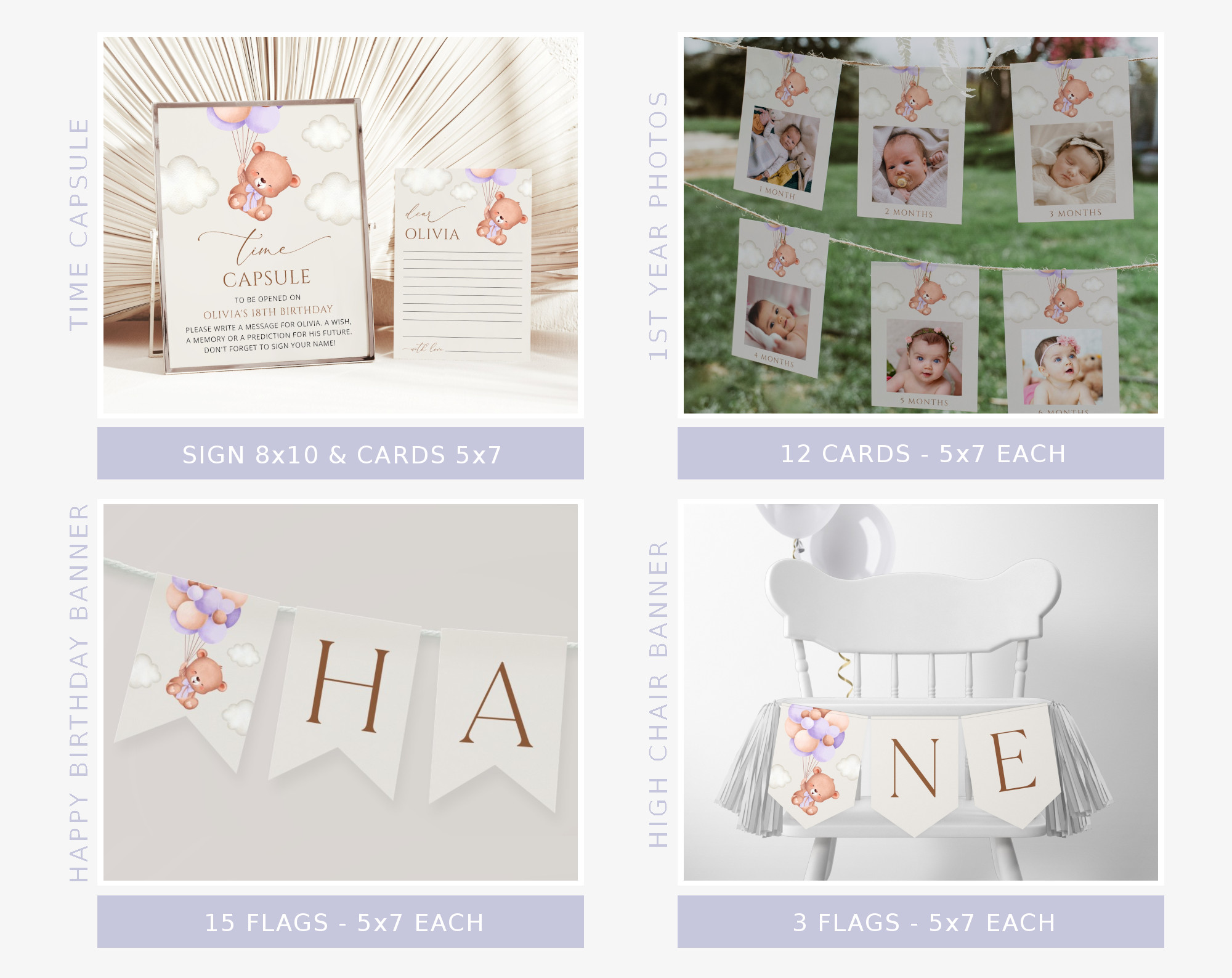 Baby Bear with Purple Balloons First Birthday Bundle, Girl Birthday, Printable File, Edit Yourself, SH75