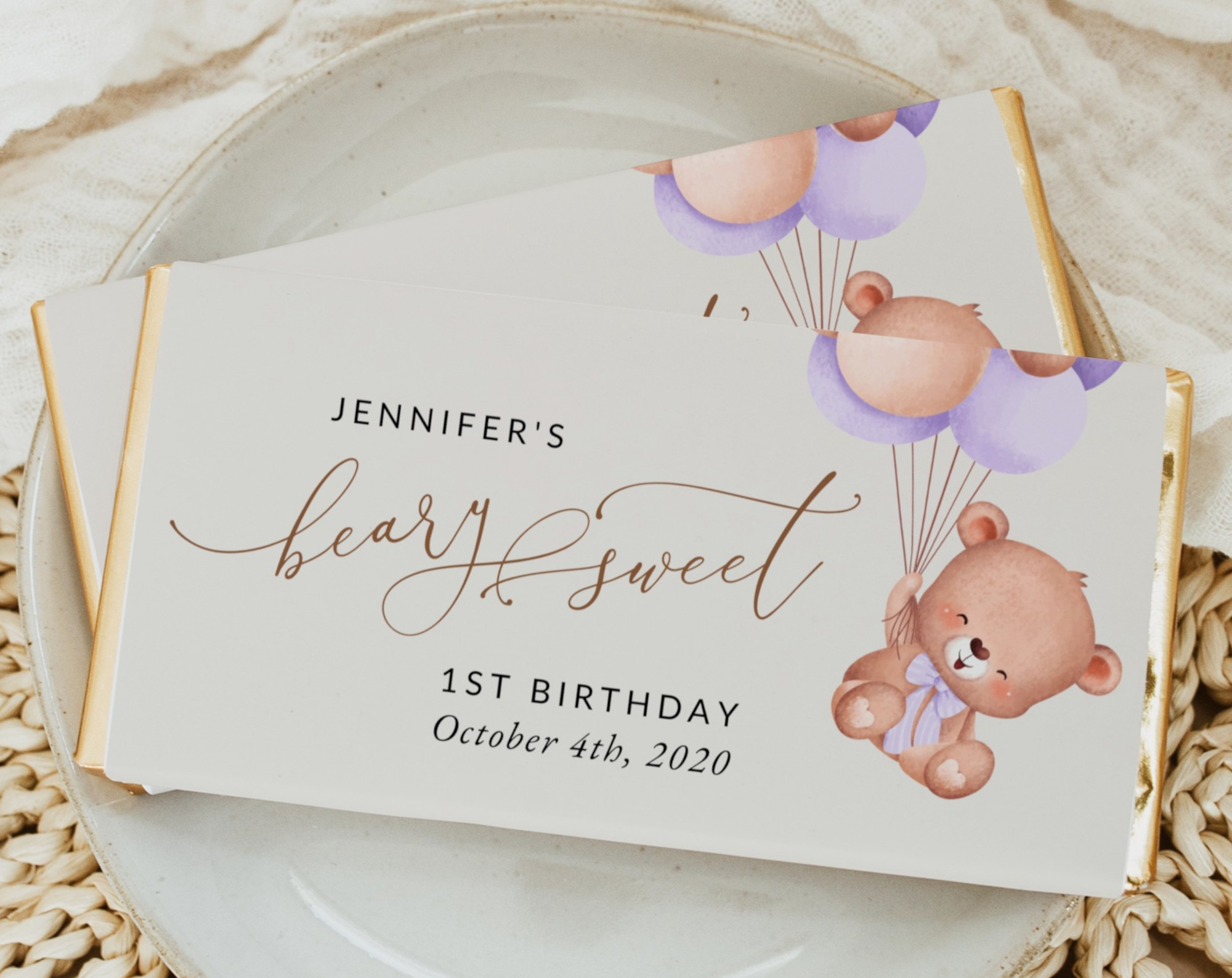 Baby Bear with Purple Balloons Chocolate Bar Wrapper, First Birthday, Girl Birthday, Printable File, Edit Yourself, SH75