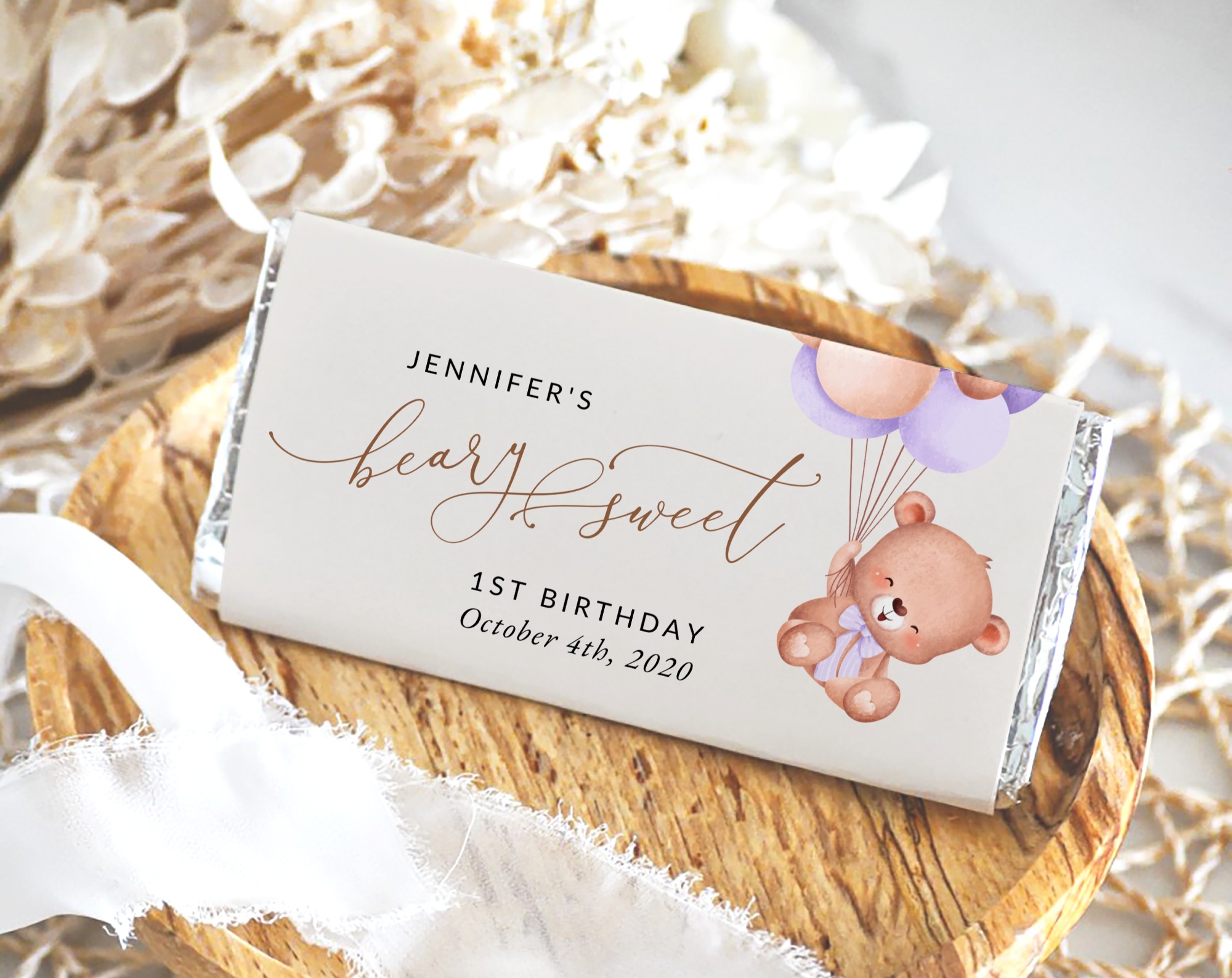Baby Bear with Purple Balloons Chocolate Bar Wrapper, First Birthday, Girl Birthday, Printable File, Edit Yourself, SH75