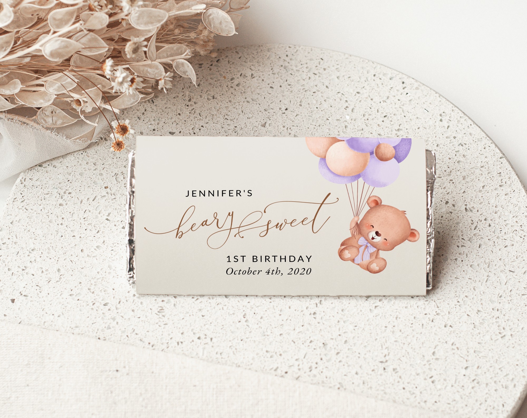 Baby Bear with Purple Balloons Chocolate Bar Wrapper, First Birthday, Girl Birthday, Printable File, Edit Yourself, SH75