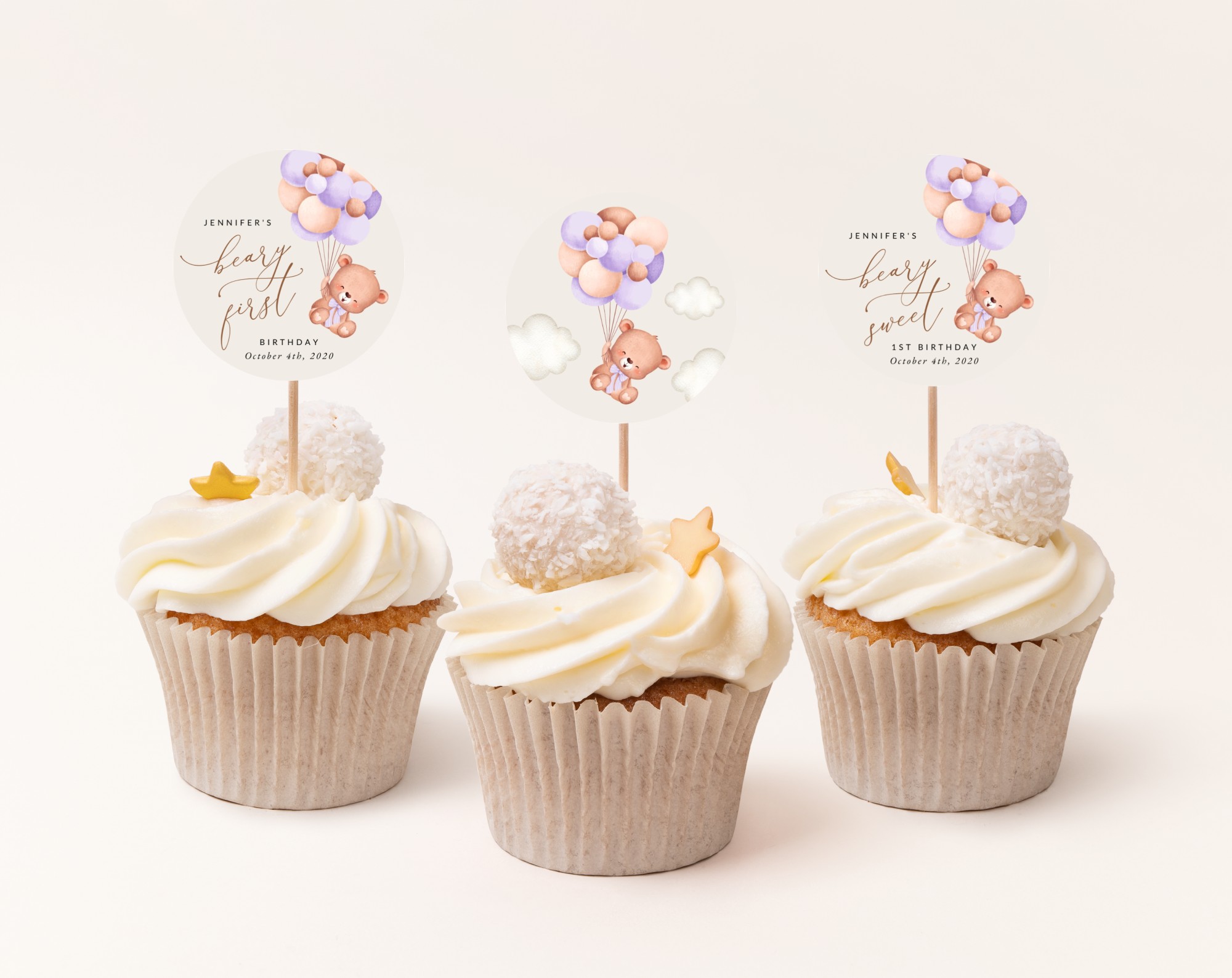 Baby Bear with Purple Balloons Cupcake Toppers, First Birthday, Girl Birthday, Printable File, Edit Yourself, SH75 Baby Bear with Purple Balloons Cupcake Toppers, First Birthday, Girl Birthday, Printable File, Edit Yourself, SH75
