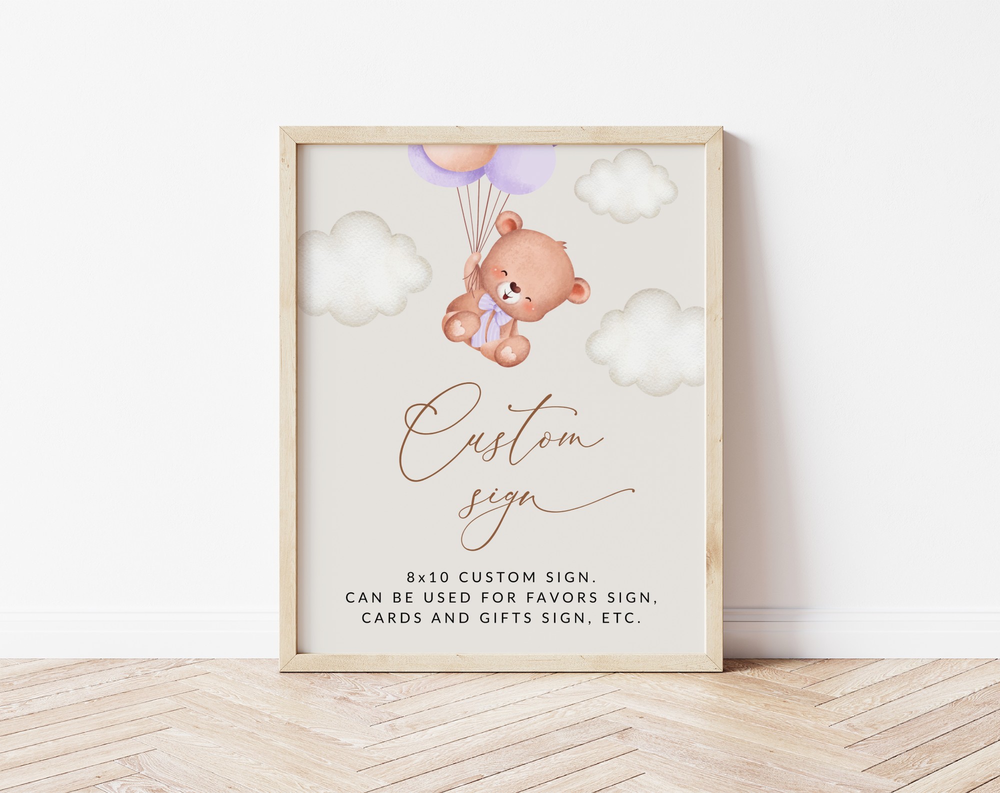 Baby Bear with Purple Balloons Custom Sign, Birthday Sign, First Birthday, Girl Birthday, Printable File, Edit Yourself, SH75