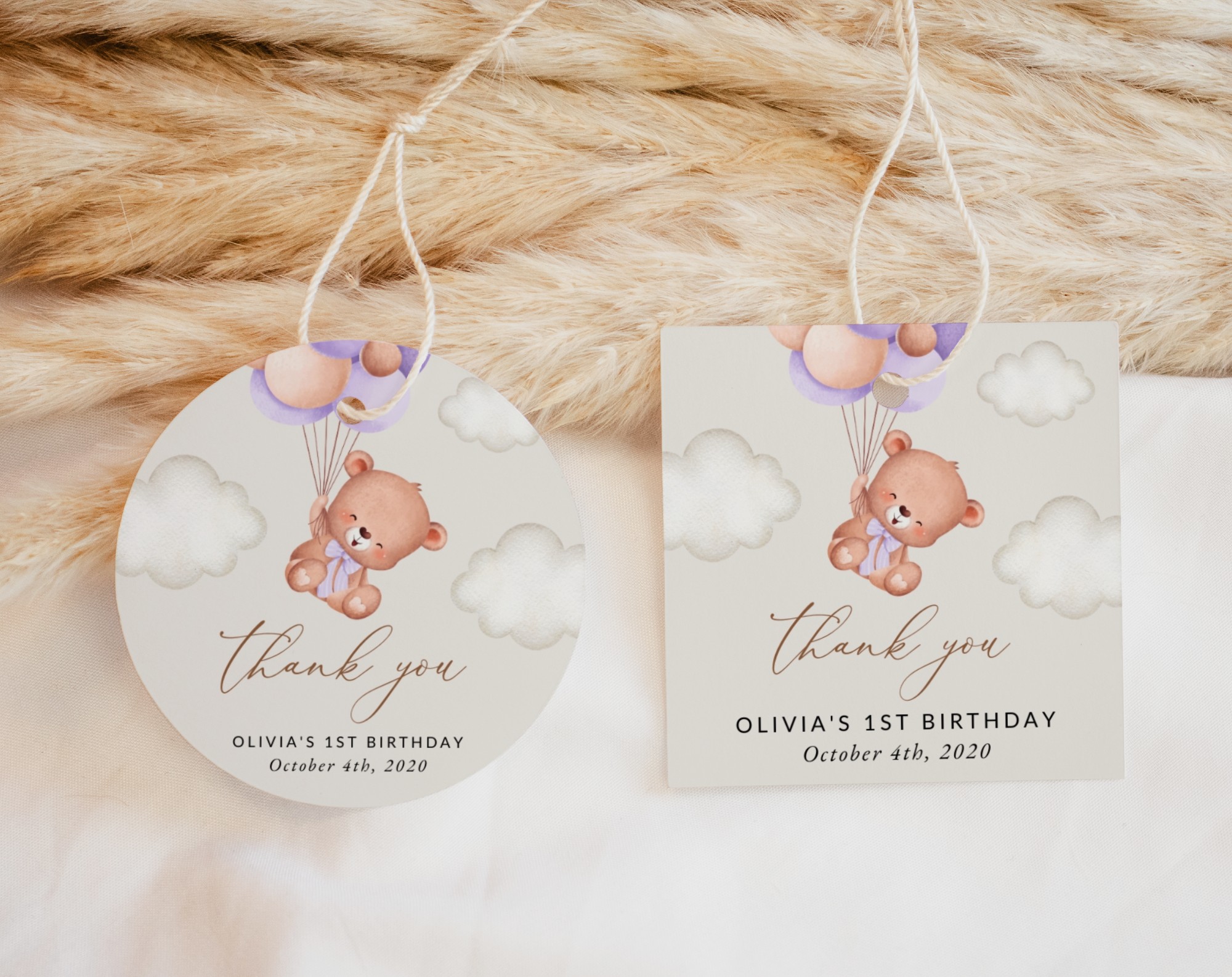 Baby Bear with Purple Balloons Favor Tags, Gift Tags, First Birthday, Girl Birthday, Printable File, Edit Yourself, SH75