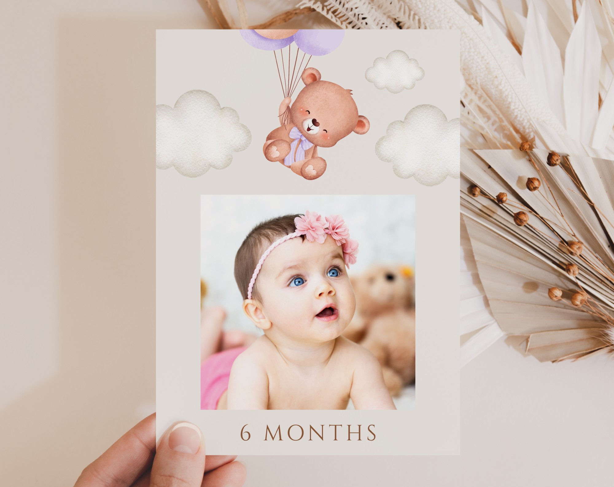 Baby Bear with Purple Balloons First Year Photos, First Birthday, Girl Birthday, Printable File, Edit Yourself, SH75