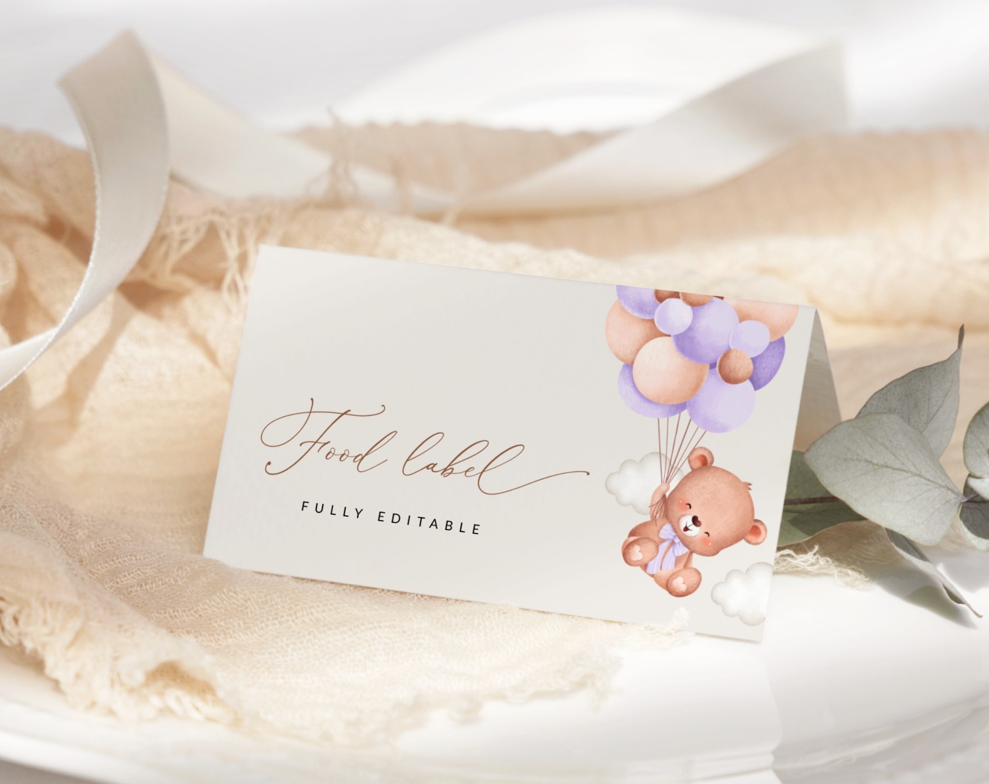 Baby Bear with Purple Balloons Food Label, First Birthday, Girl Birthday, Printable File, Edit Yourself, SH75