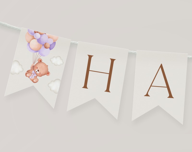 Baby Bear with Purple Balloons Happy Birthday Banner, First Birthday, Girl Birthday, Printable File, Edit Yourself, SH75 Baby Bear with Purple Balloons Happy Birthday Banner, First Birthday, Girl Birthday, Printable File, Edit Yourself, SH75