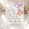 Baby Bear with Purple Balloons First Birthday Invitation, Birthday Stationery, Girl Birthday, Printable File, Edit Yourself, SH75