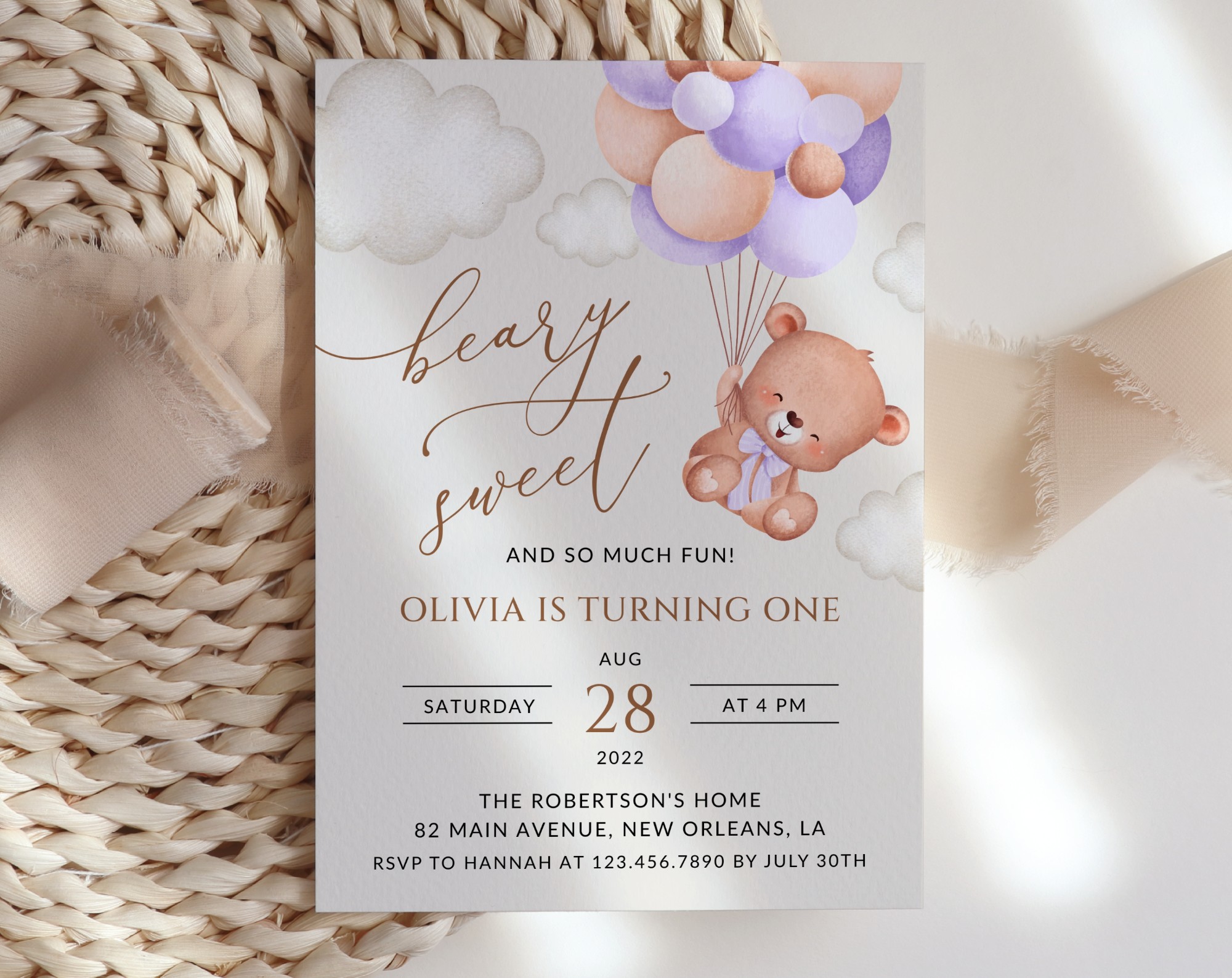 Baby Bear with Purple Balloons First Birthday Invitation, Birthday Stationery, Girl Birthday, Printable File, Edit Yourself, SH75