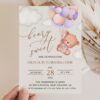 Baby Bear with Purple Balloons First Birthday Invitation, Birthday Stationery, Girl Birthday, Printable File, Edit Yourself, SH75