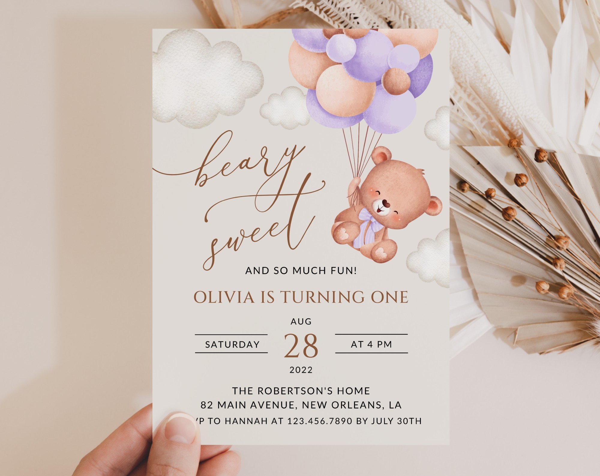 Baby Bear with Purple Balloons First Birthday Invitation, Birthday Stationery, Girl Birthday, Printable File, Edit Yourself, SH75 Baby Bear with Purple Balloons First Birthday Invitation, Birthday Stationery, Girl Birthday, Printable File, Edit Yourself, SH75