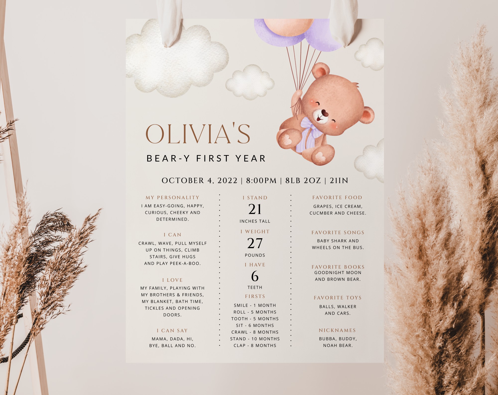 Baby Bear with Purple Balloons Milestone Sign, Birthday Sign, First Birthday, Girl Birthday, Printable File, Edit Yourself, SH75