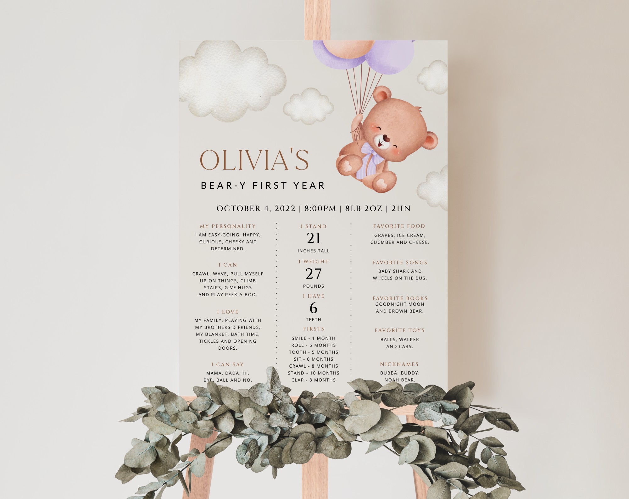 Baby Bear with Purple Balloons Milestone Sign, Birthday Sign, First Birthday, Girl Birthday, Printable File, Edit Yourself, SH75