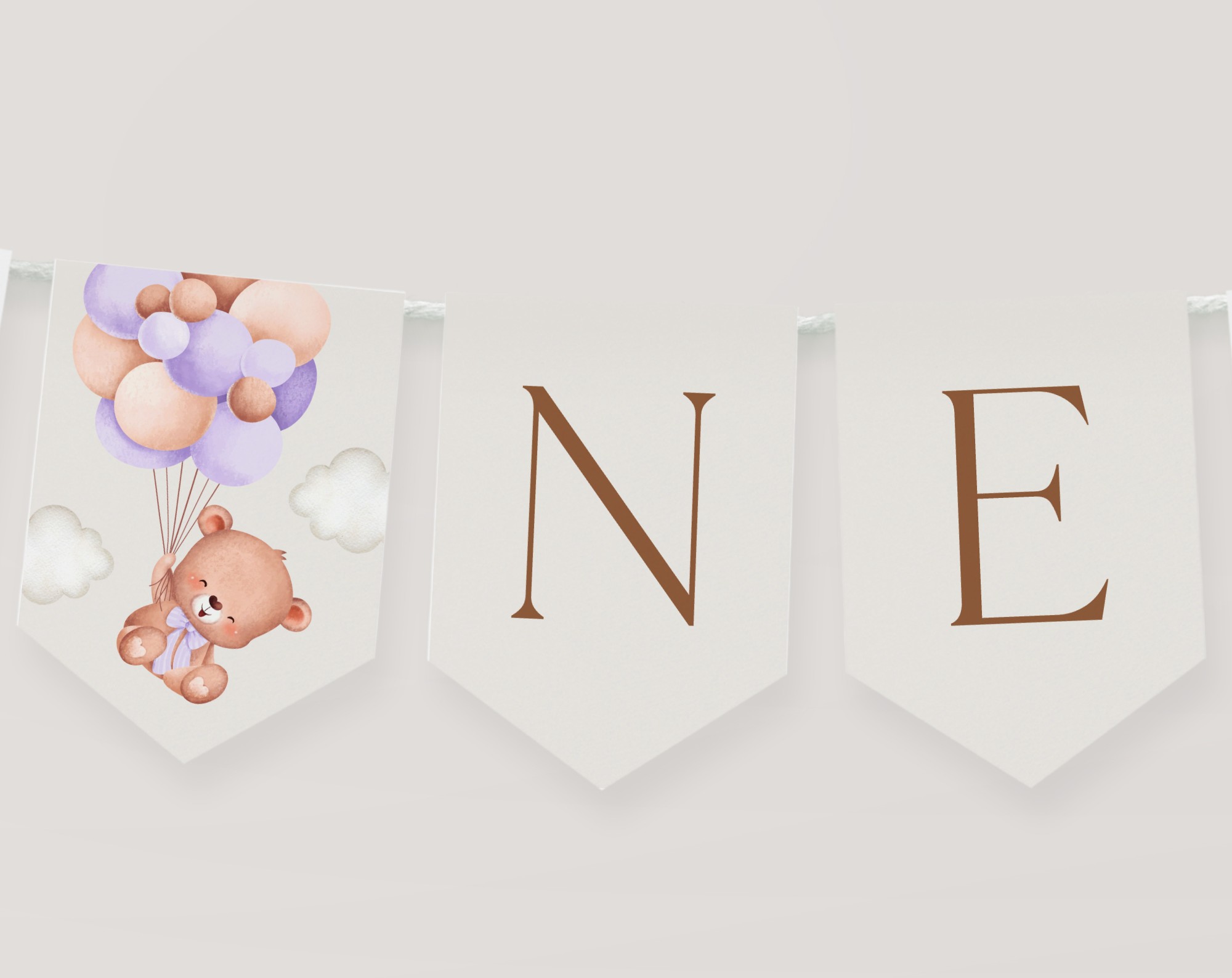 Baby Bear with Purple Balloons One High Chair Banner, First Birthday, Girl Birthday, Printable File, Edit Yourself, SH75