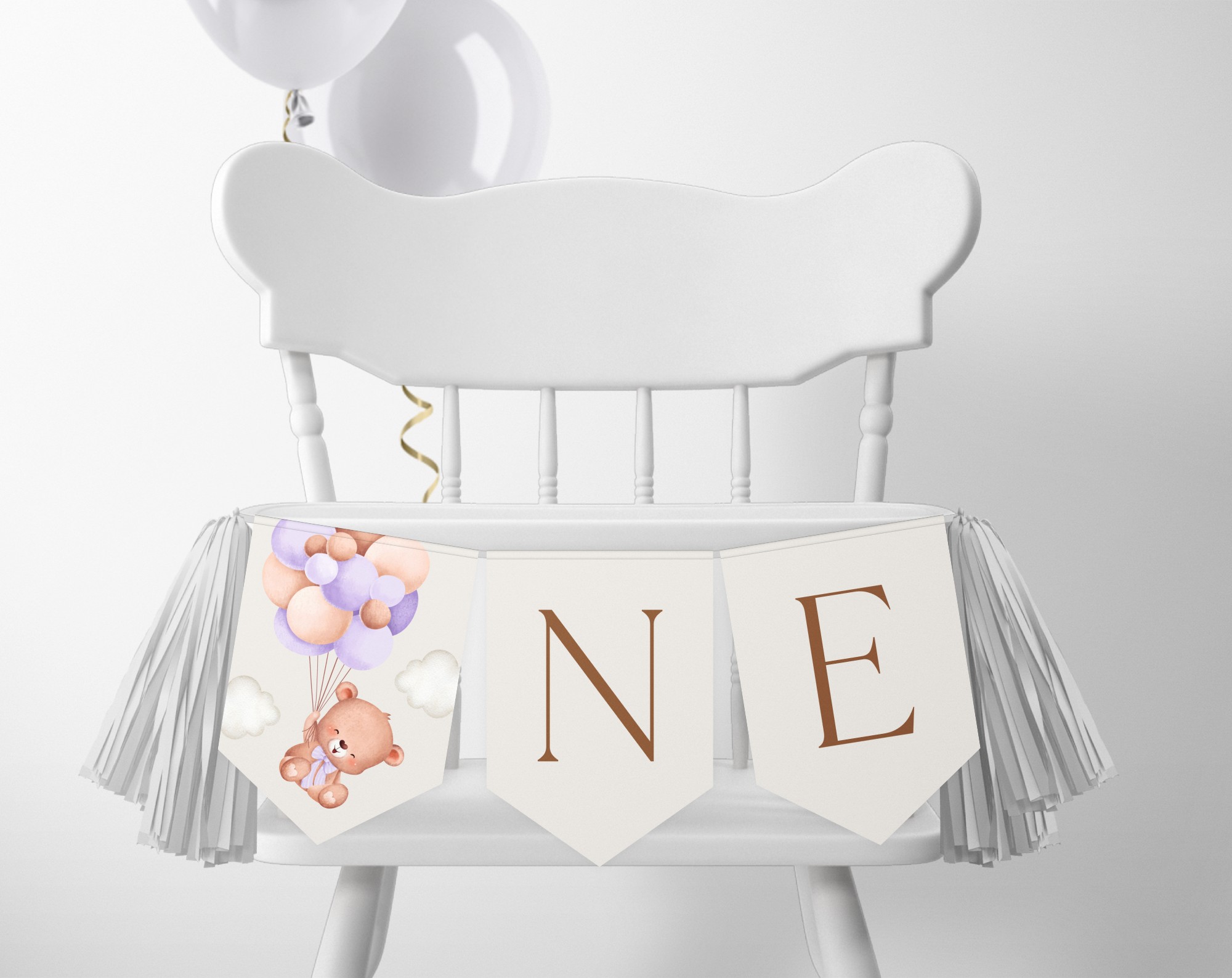Baby Bear with Purple Balloons One High Chair Banner, First Birthday, Girl Birthday, Printable File, Edit Yourself, SH75 Baby Bear with Purple Balloons One High Chair Banner, First Birthday, Girl Birthday, Printable File, Edit Yourself, SH75
