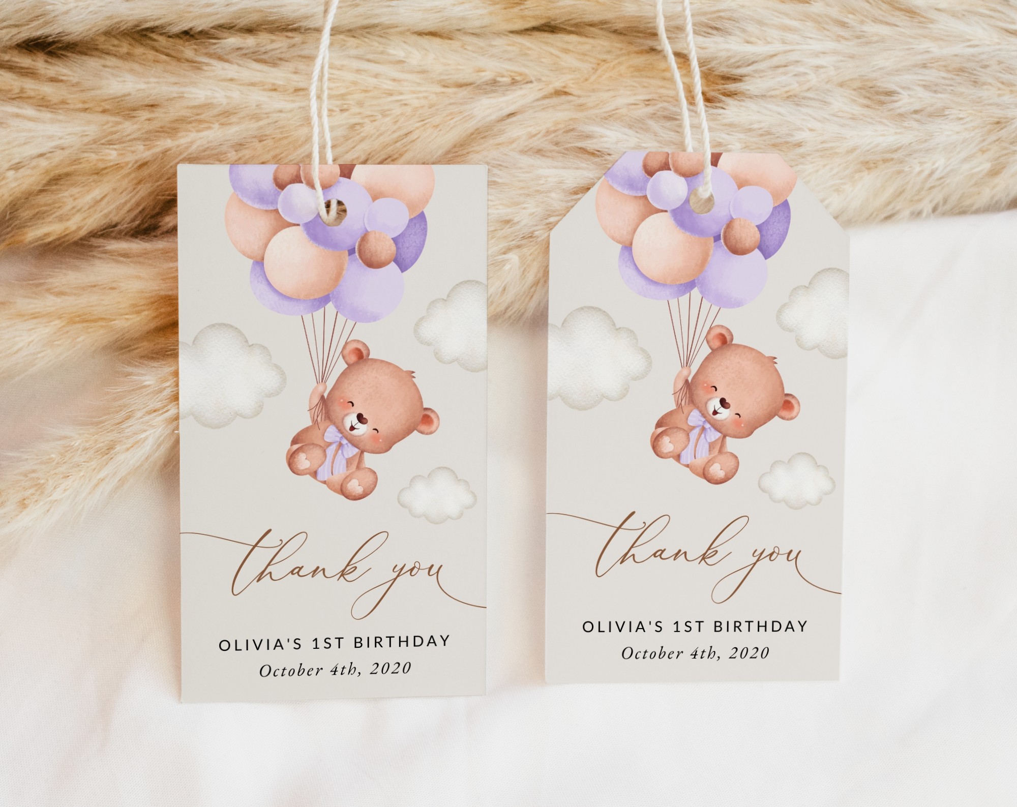 Baby Bear with Purple Balloons Favor Tags, Gift Tags, First Birthday, Girl Birthday, Printable File, Edit Yourself, SH75