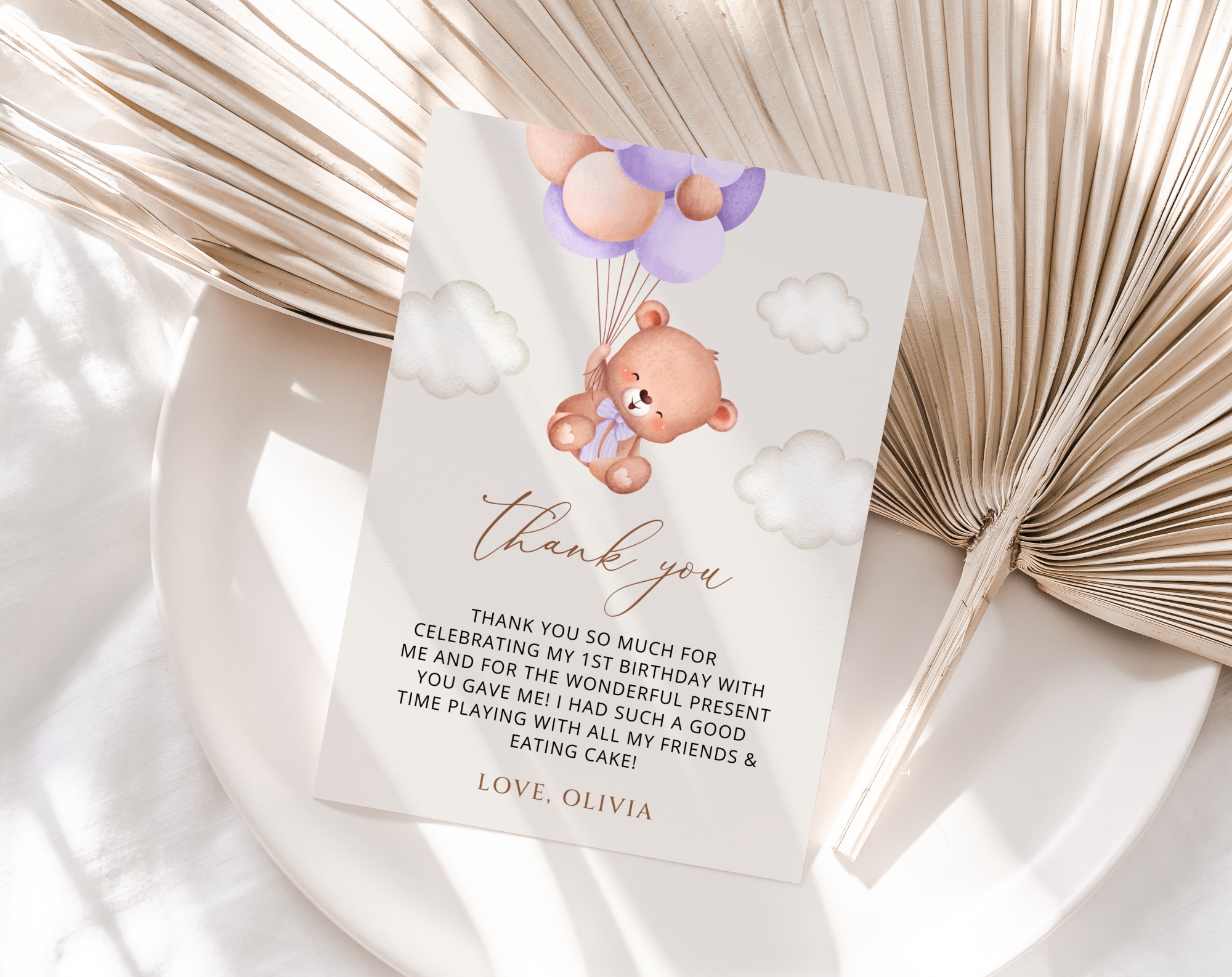 Baby Bear with Purple Balloons Thank You Card, First Birthday, Girl Birthday, Printable File, Edit Yourself, SH75