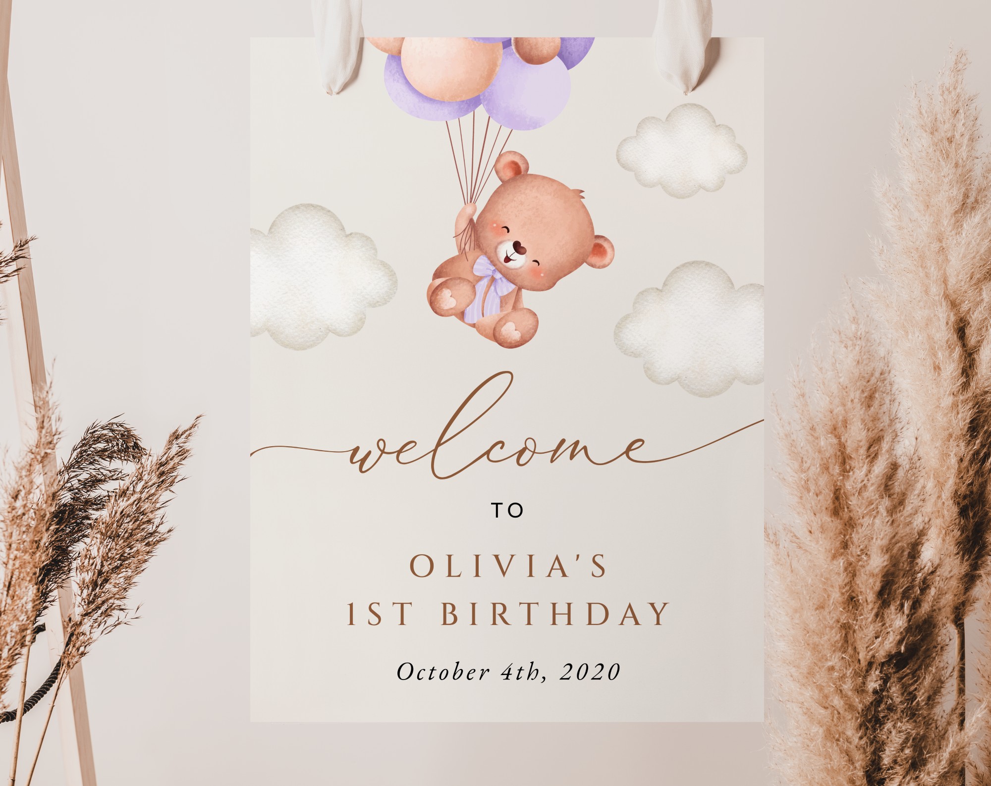 Baby Bear with Purple Balloons Welcome Sign, Birthday Sign, First Birthday, Girl Birthday, Printable File, Edit Yourself, SH75 Baby Bear with Purple Balloons Welcome Sign, Birthday Sign, First Birthday, Girl Birthday, Printable File, Edit Yourself, SH75